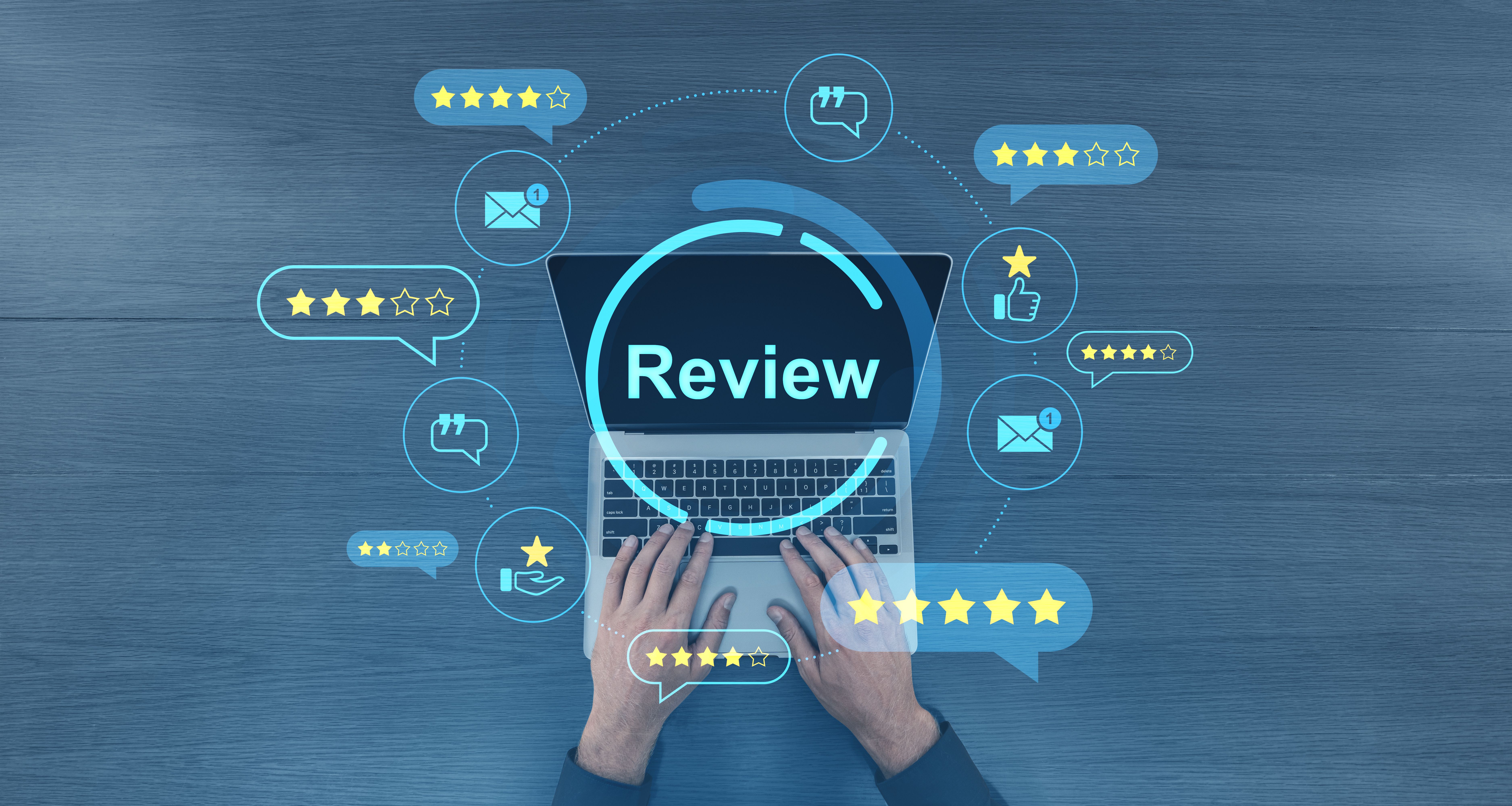 Customer review concept with laptop and digital rating icons on blue wood background.