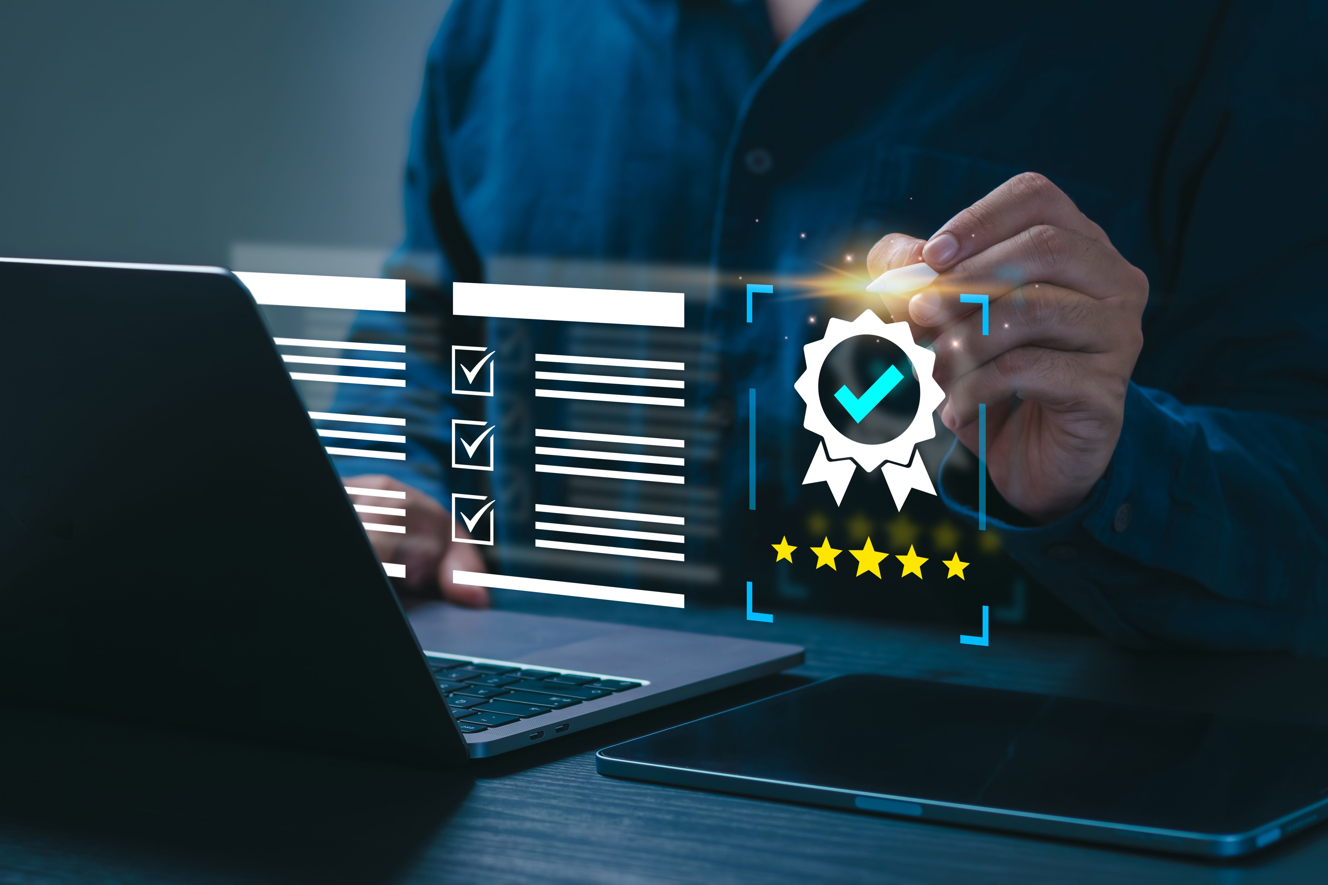 Quality Certificate concept. Businessman working with sign of the top service Quality assurance. Good service. Five stars. High quality. Quality management. Standardization. Guarantee. ISO.