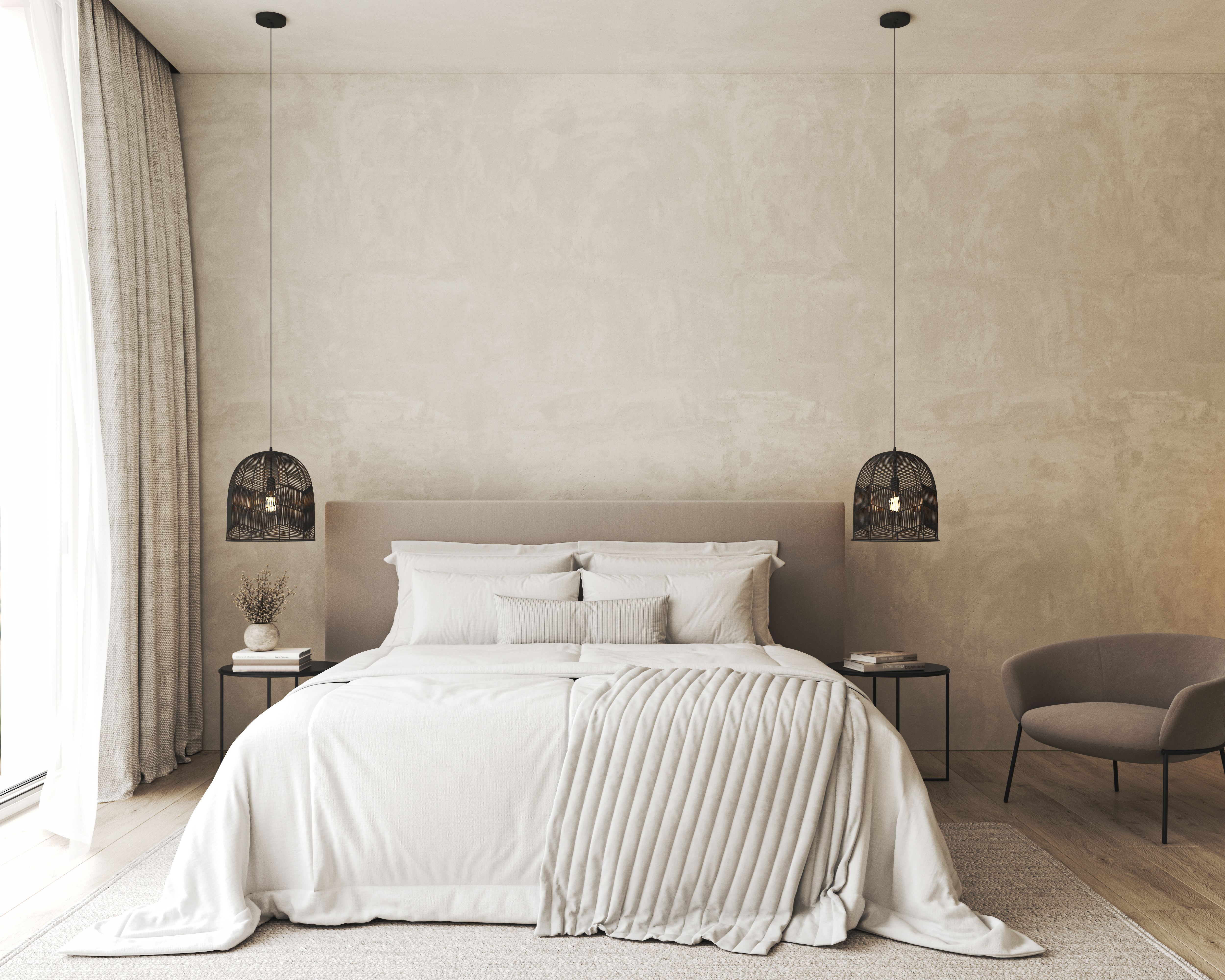 Maqueta interior del dormitorio en estilo boho con manta de flecos, almohadas, ropa de cama blanca, hierba de pampas seca, lámpara de cesta y cortina. Renderizado 3D. Ilustración 3D de alta calidad Maqueta interior del dormitorio en estilo boho con manta de flecos, almohadas, ropa de cama blanca, hierba de pampas seca, lámpara de cesta y cortina. Renderizado 3D. Ilustración 3D de alta calidad