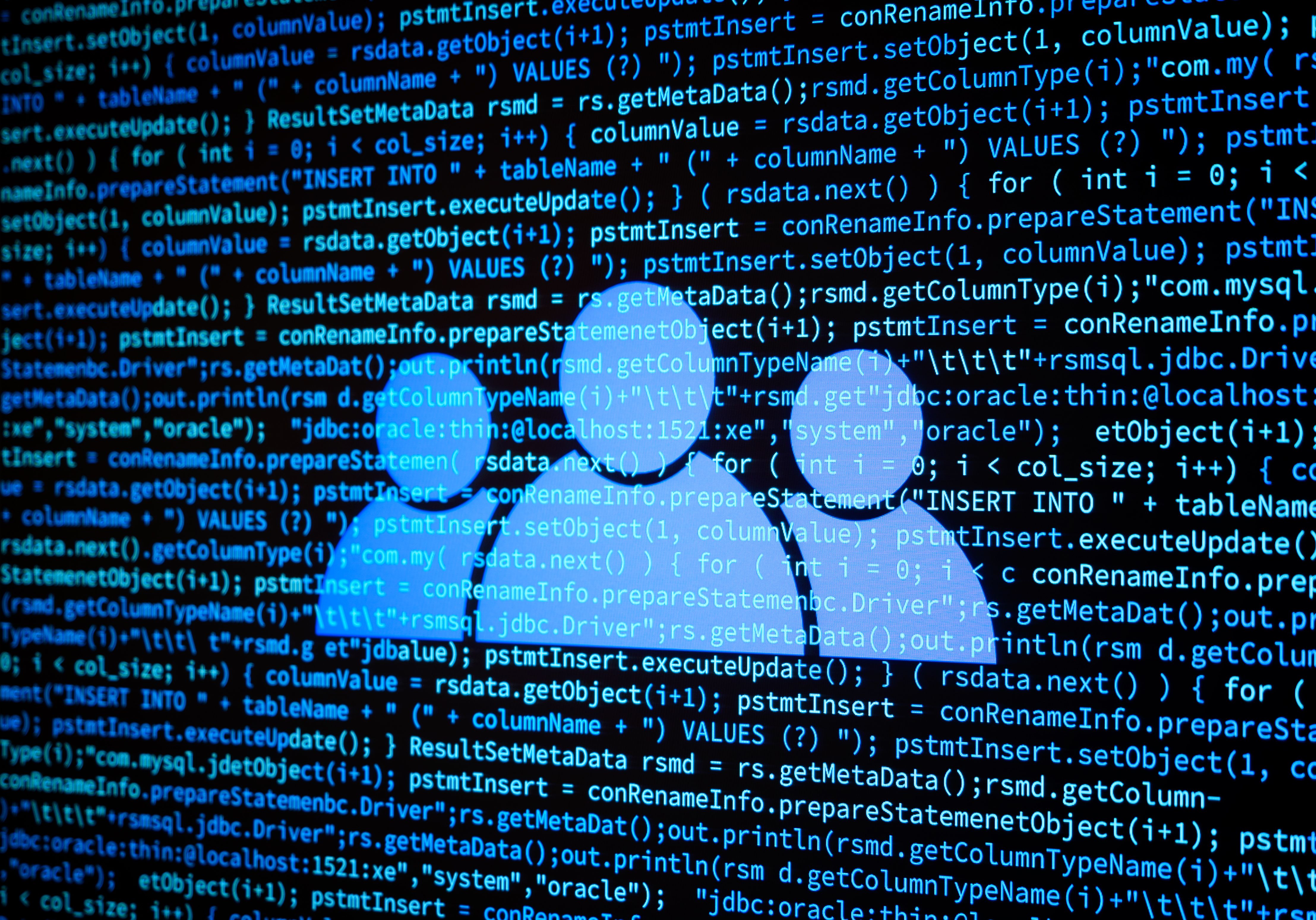 People group icon with computer data code in futuristic technology concept, 3d illustration