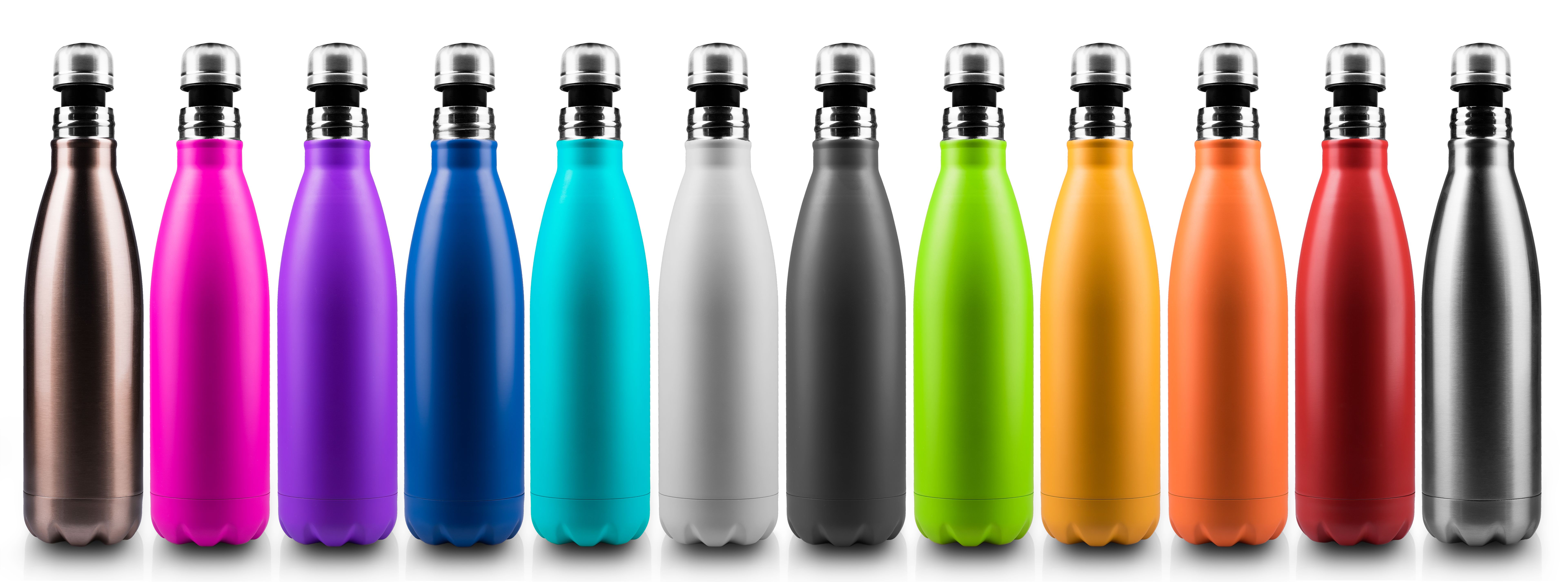 Colorful reusable stainless thermo bottles for water or another liquid, half open cap. Steel eco bottle, no plastic. Isolated on white background.
