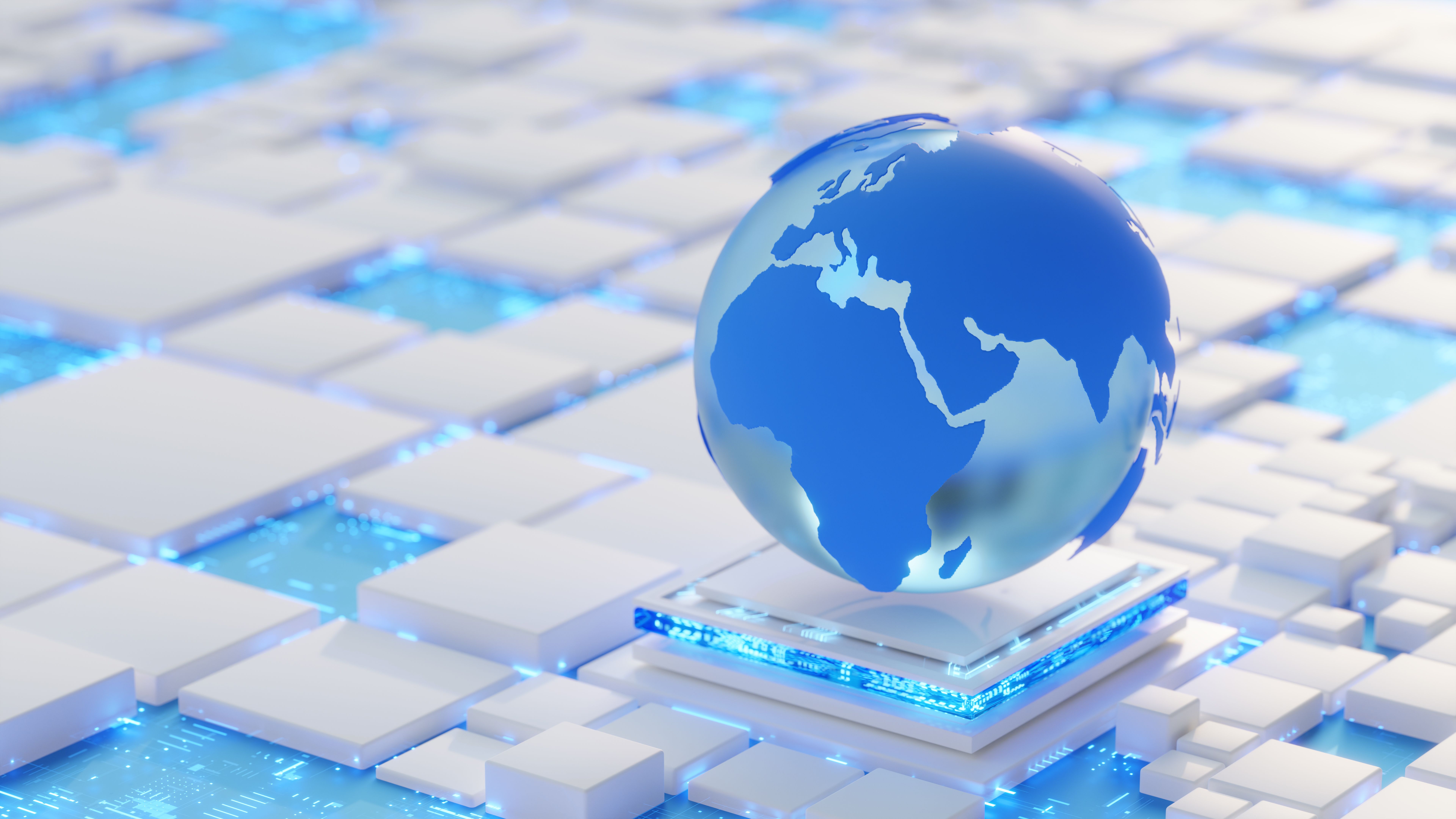 Globe 3d symbol over the abstract computer chip or computer network, global science or global technology concept | Digii Ninja