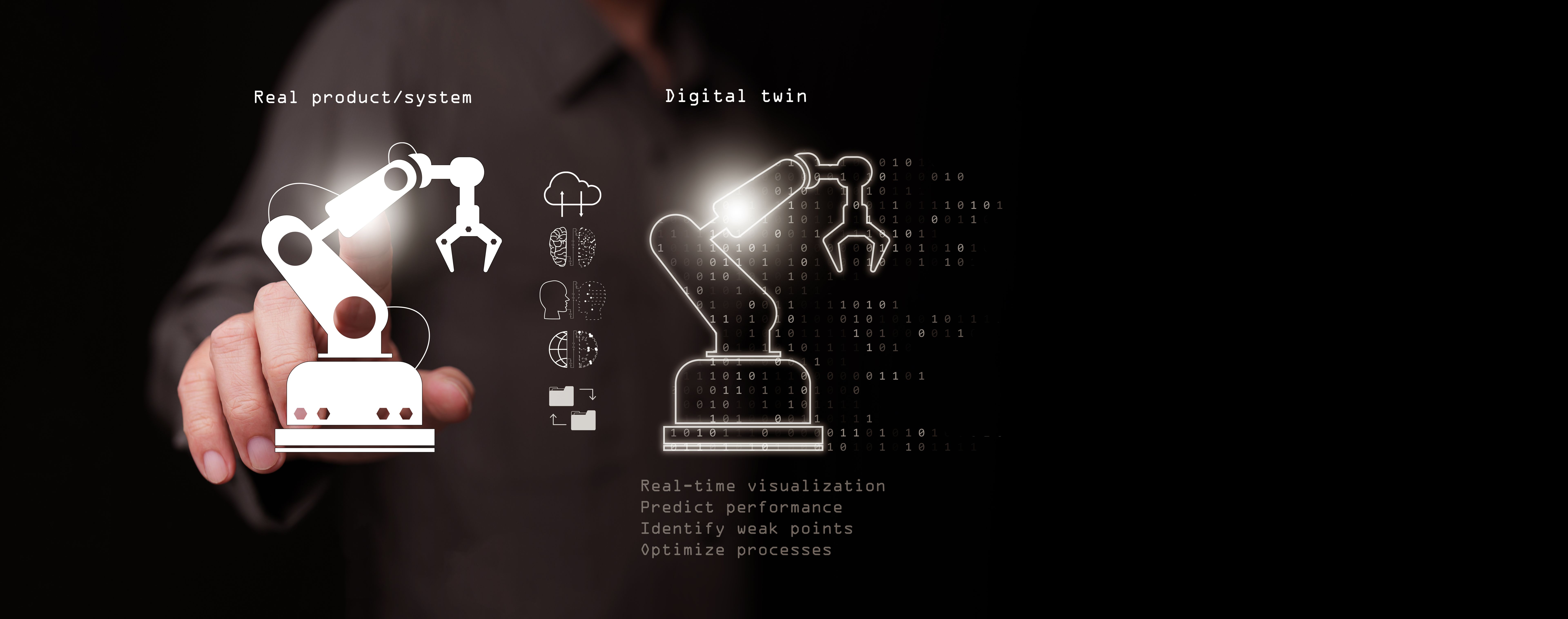 Digital twins technology concept. A robotic arm with its virtual twin model, AI generated counterpart with real time data for simulation, integration, analysis, testing, monitoring, maintenance.