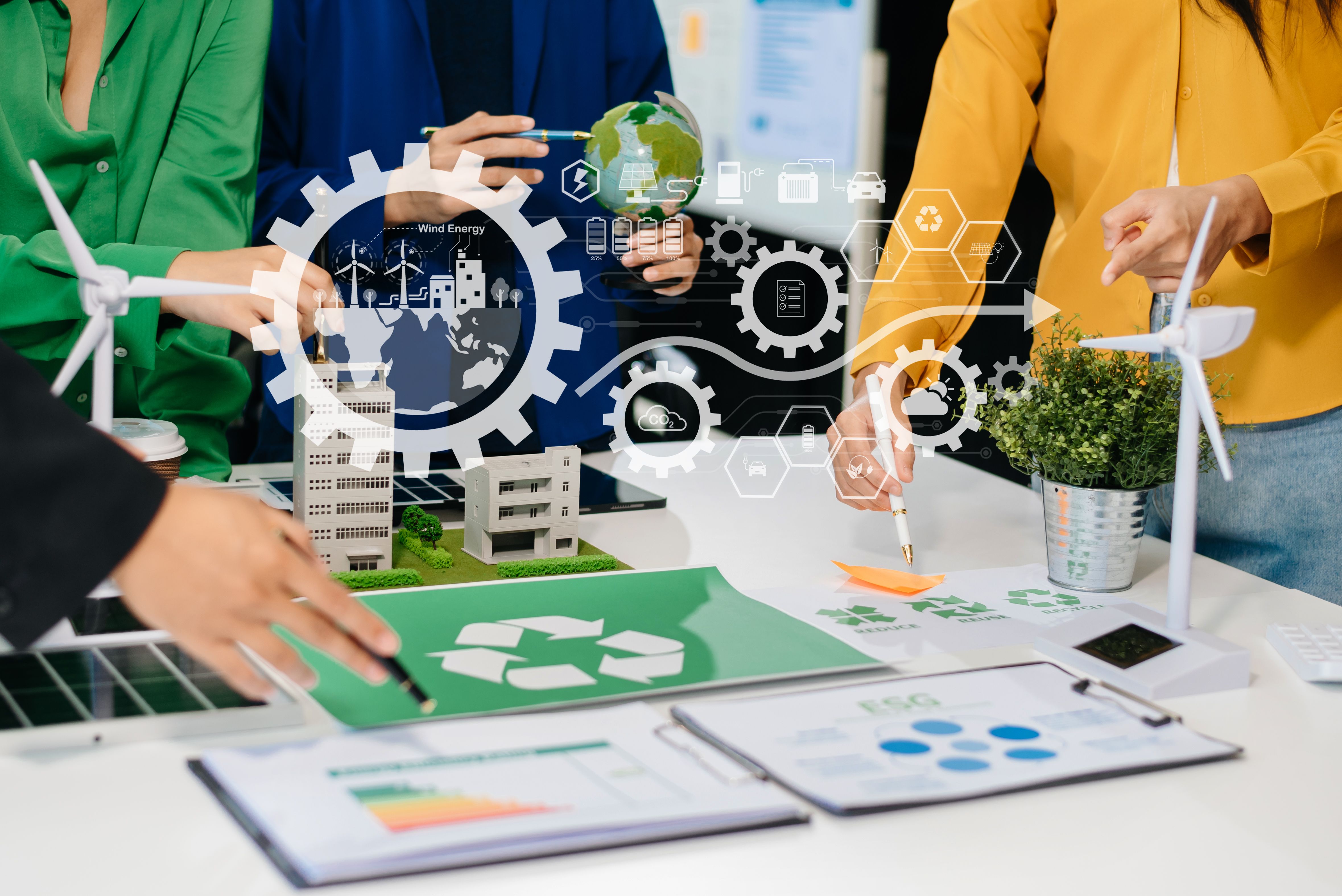 Business team working virtual modern smartphone to reduce CO2 emissions carbon footprint climate change to limit global warming