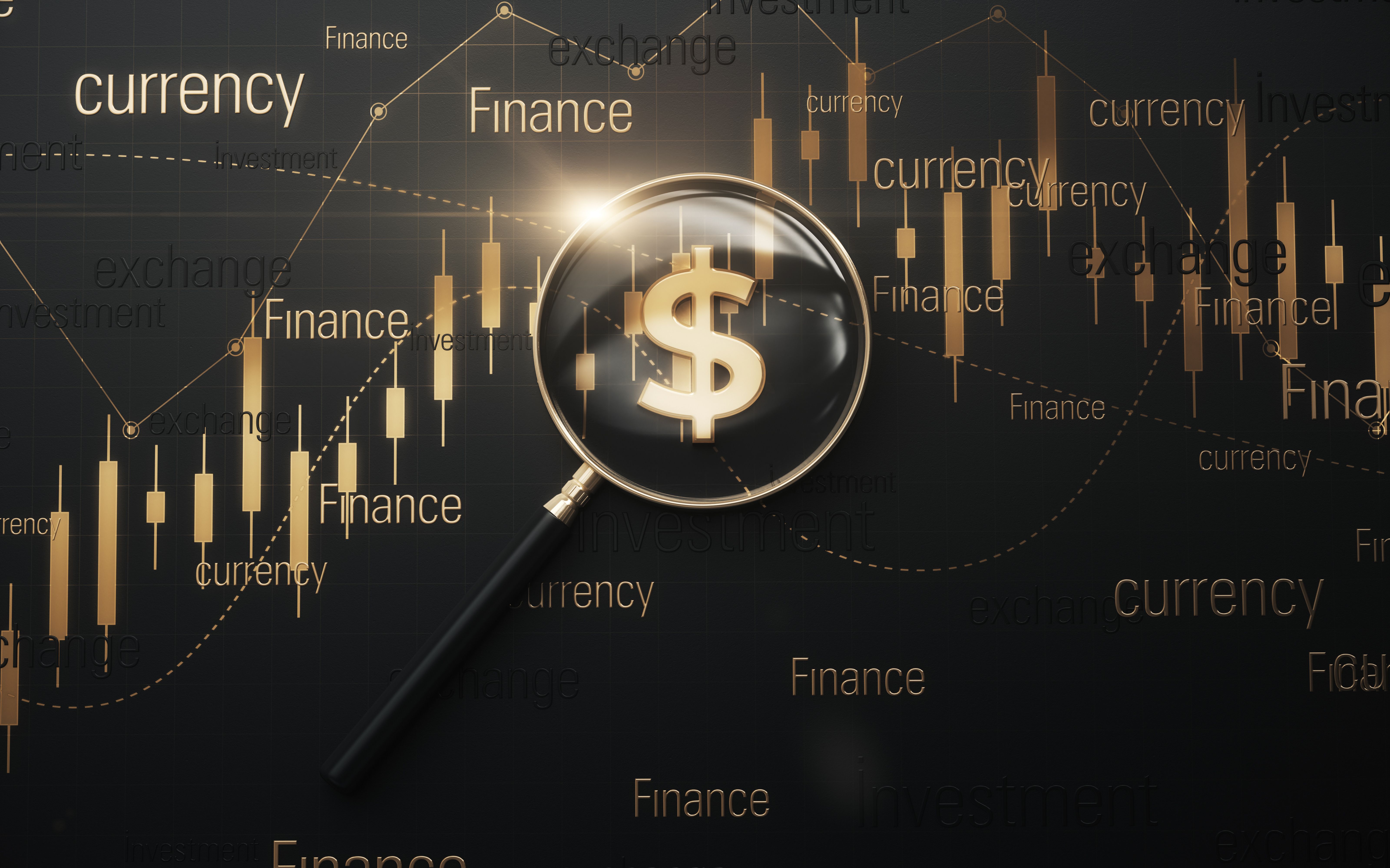 Gold Dollar Sign Word in Gold Glass Magnifier Among Words on Black and Gold Financial Chart Background