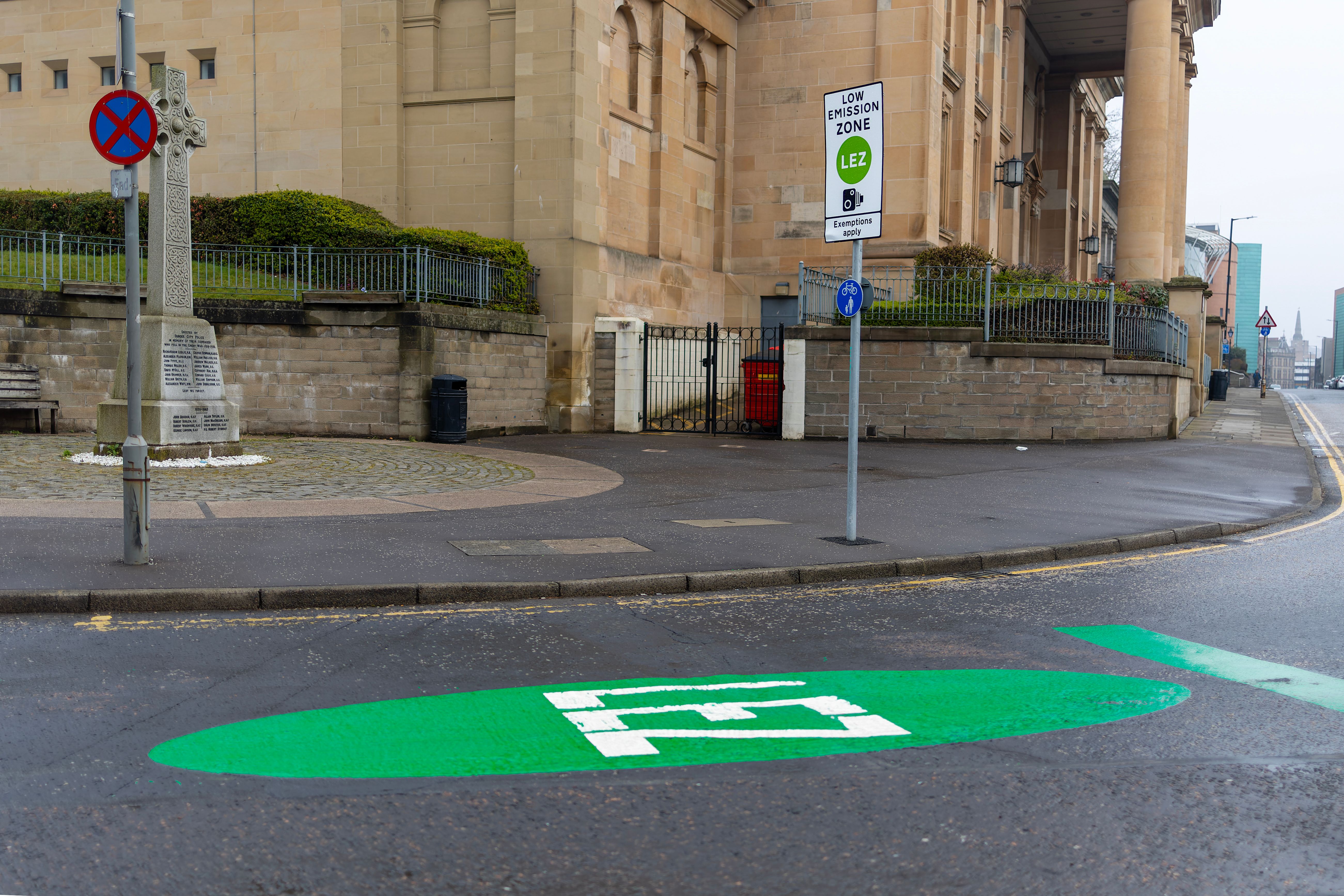 Low Emission Zone Entry Point with LEZ Painted Sign on Tarmac Road Surface at Boundary of City Clean Air Area in Dundee City