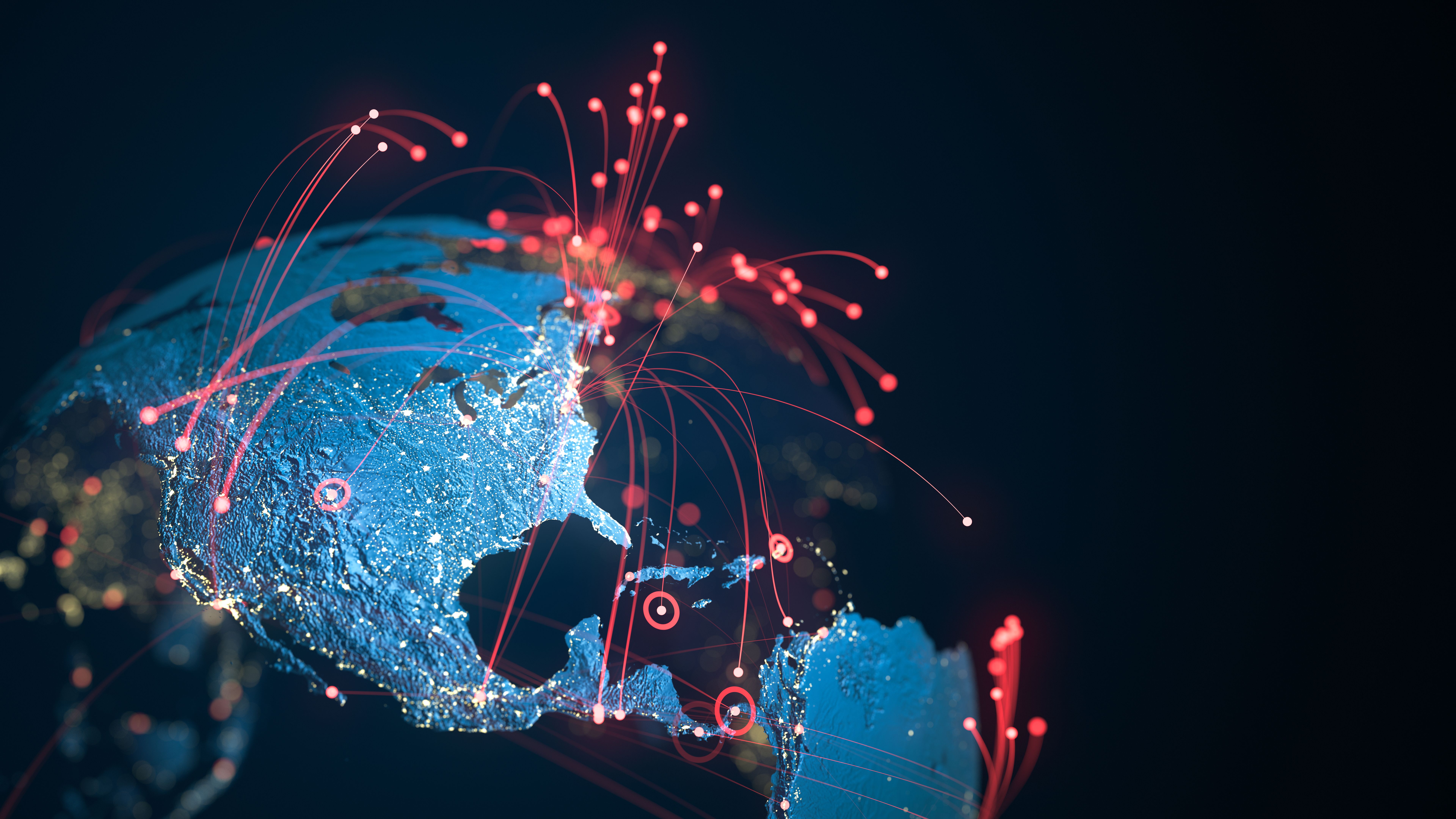 North And South America - Red Connection Lines - Copy Space - Global Business, Pandemic, Computer Virus