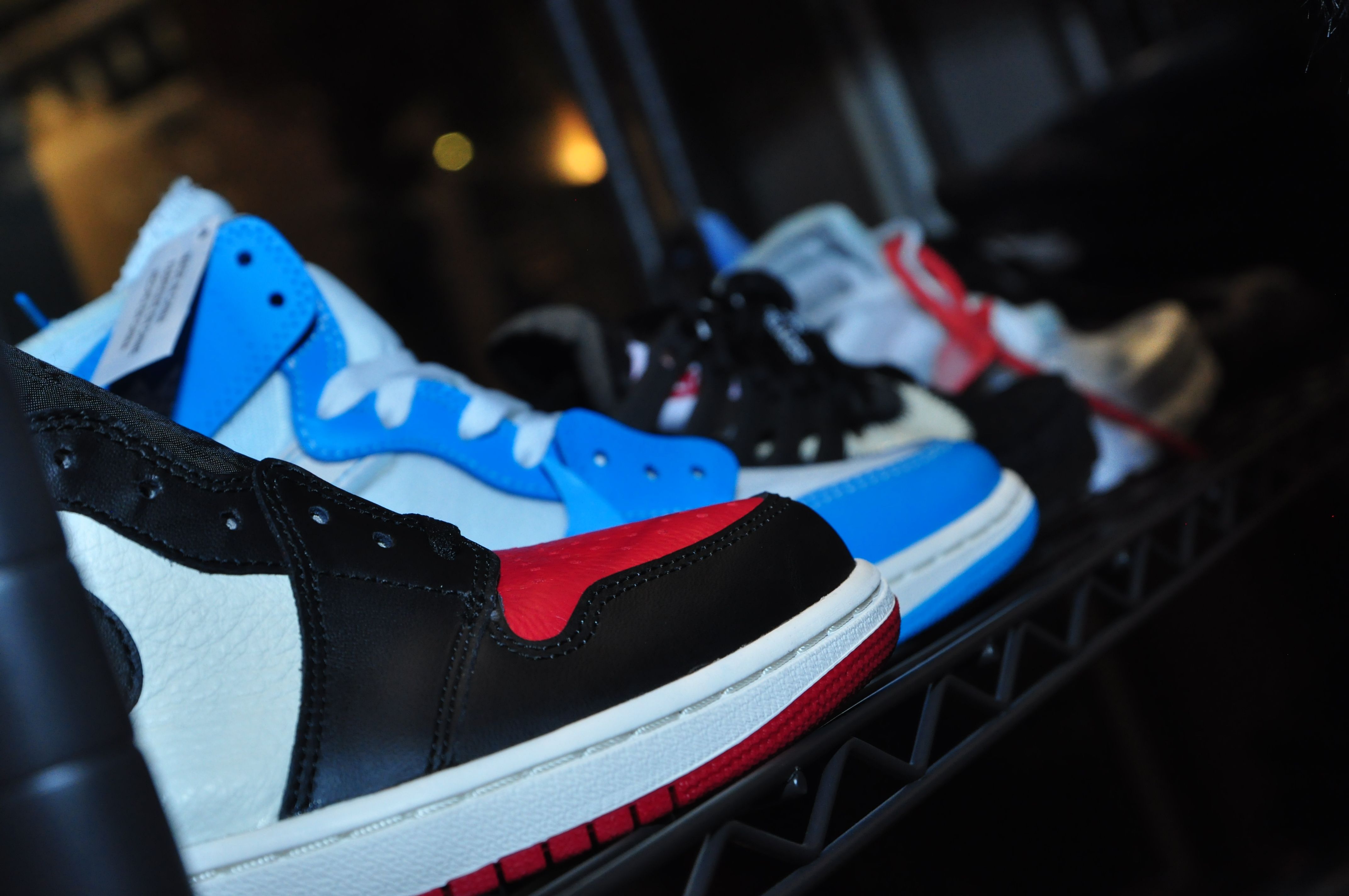 sneaker on rack, Close up side view image. sneaker on rack, Close up side view image.