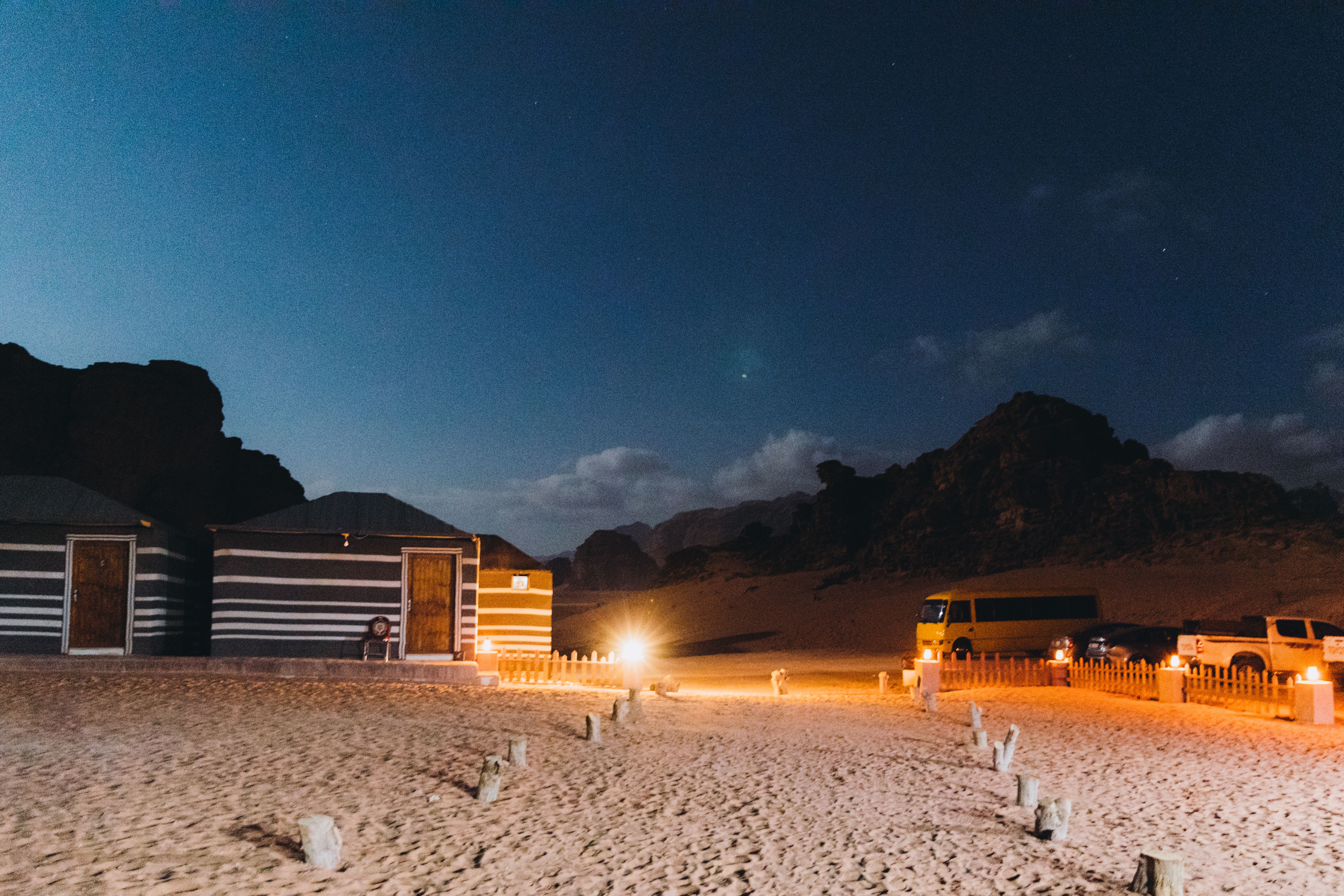 Magical night at the bedouin camp between the rocks in Wadi Rum desert
