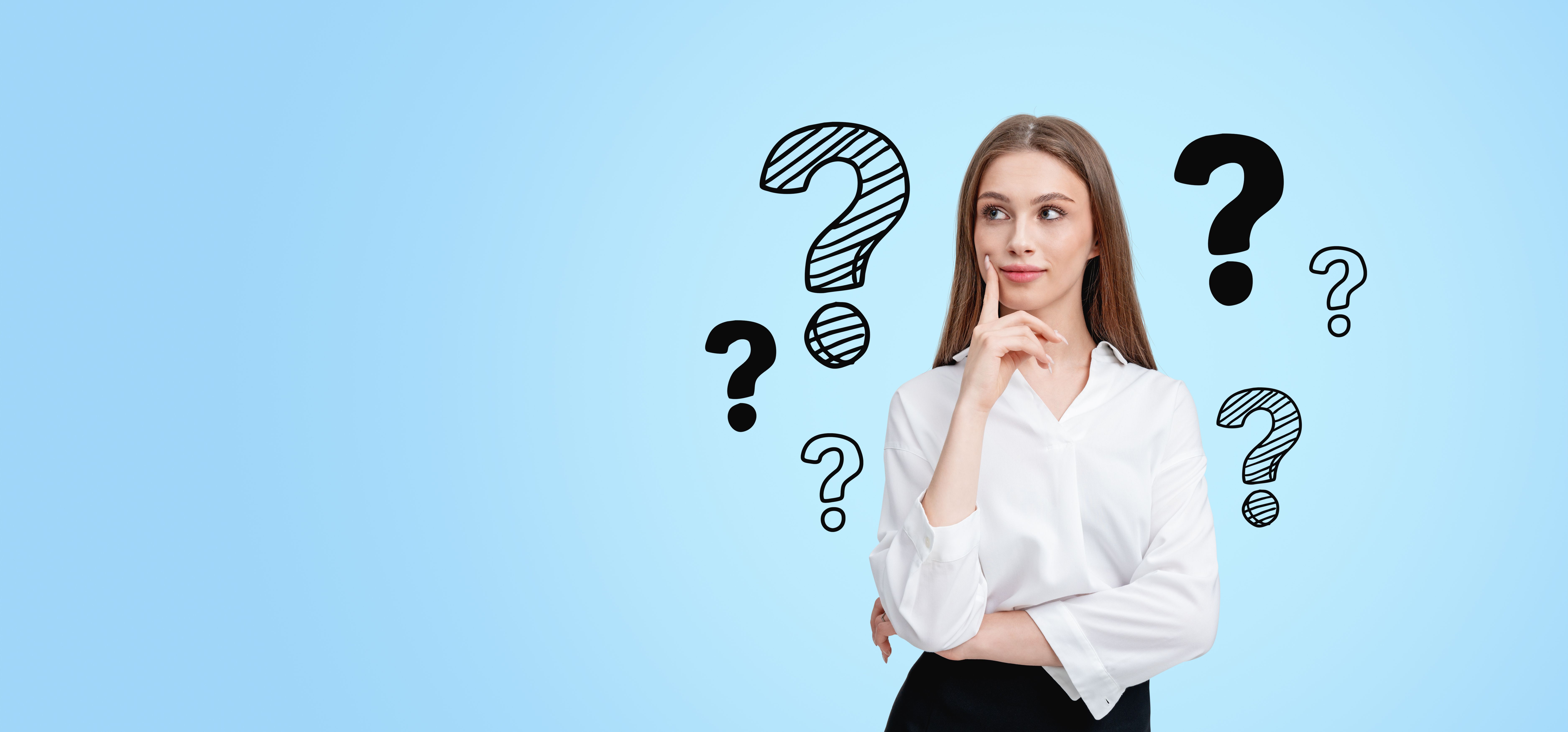 Pensive businesswoman challenging thoughts Pensive businesswoman challenging thoughts