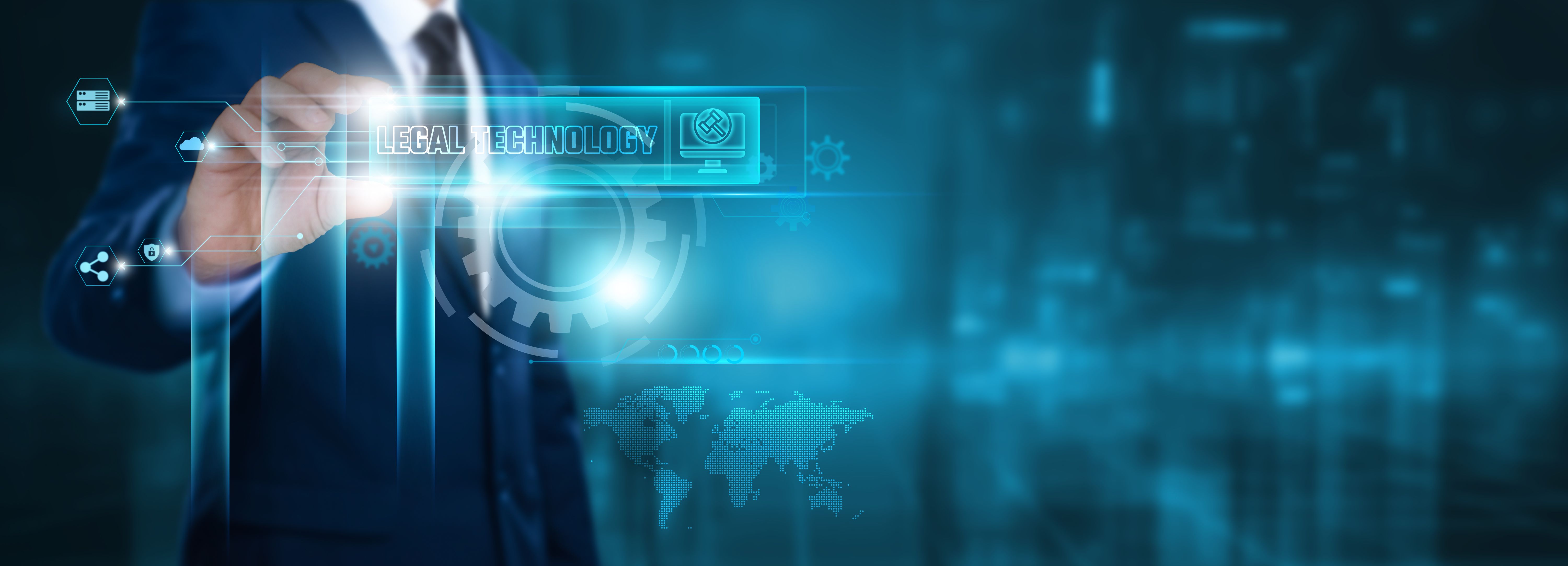Legal Technology: Businessman Holding Text and Icon of Legal Technology on Virtual Interface. Efficiency, Compliance, Innovation, Transformation.