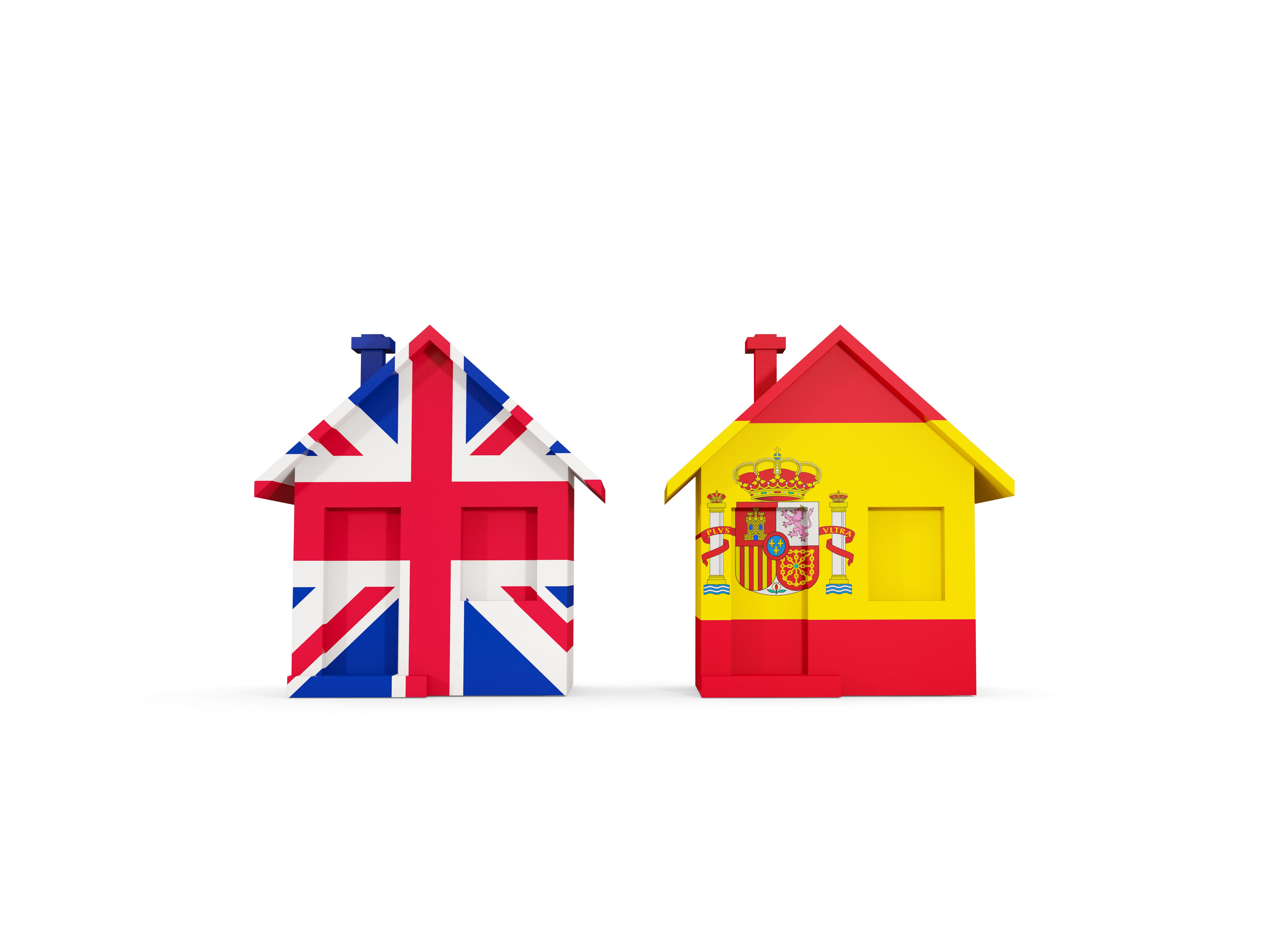 Two houses with flags of United Kingdom and spain