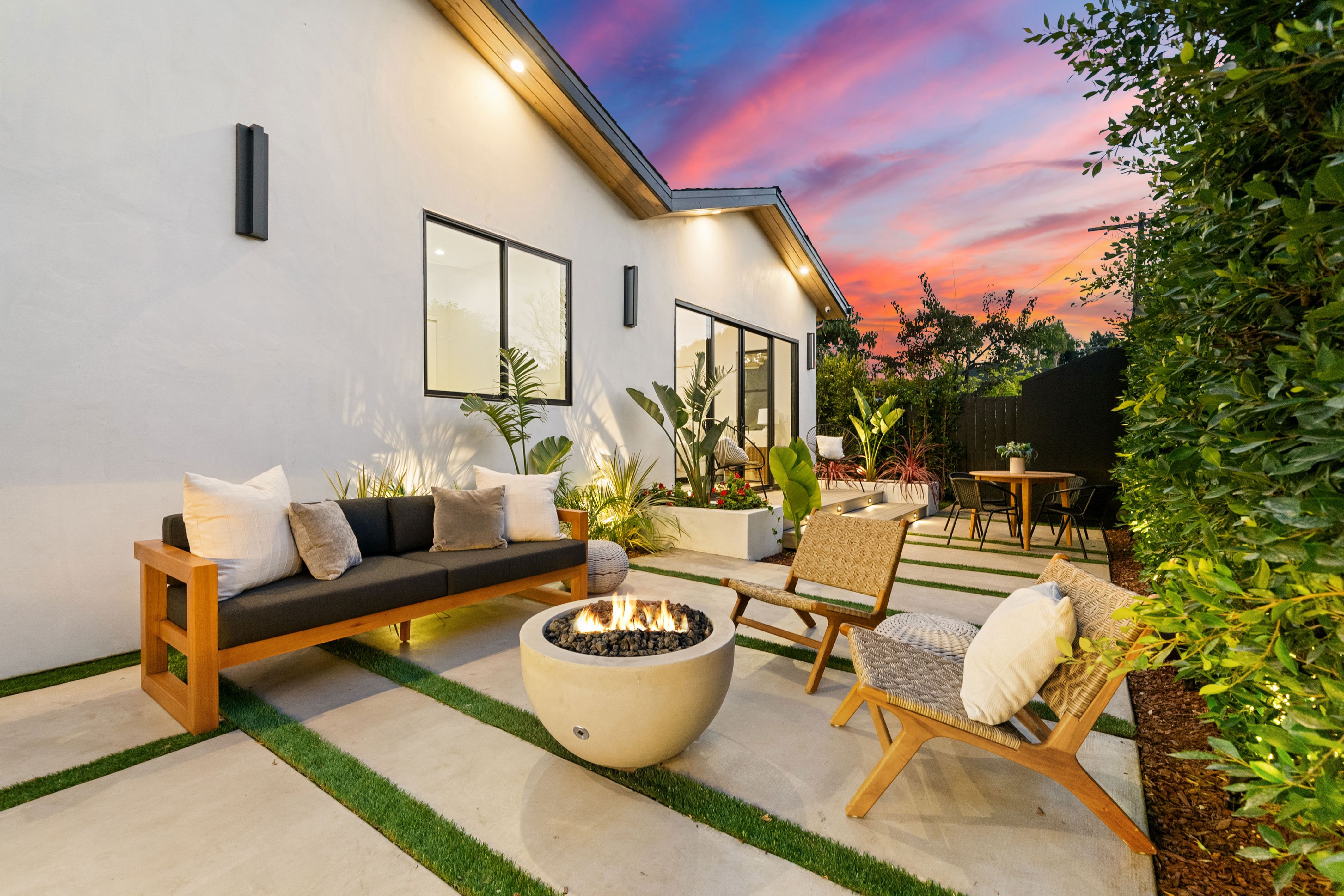 Modern patio with vibrant sunset sky