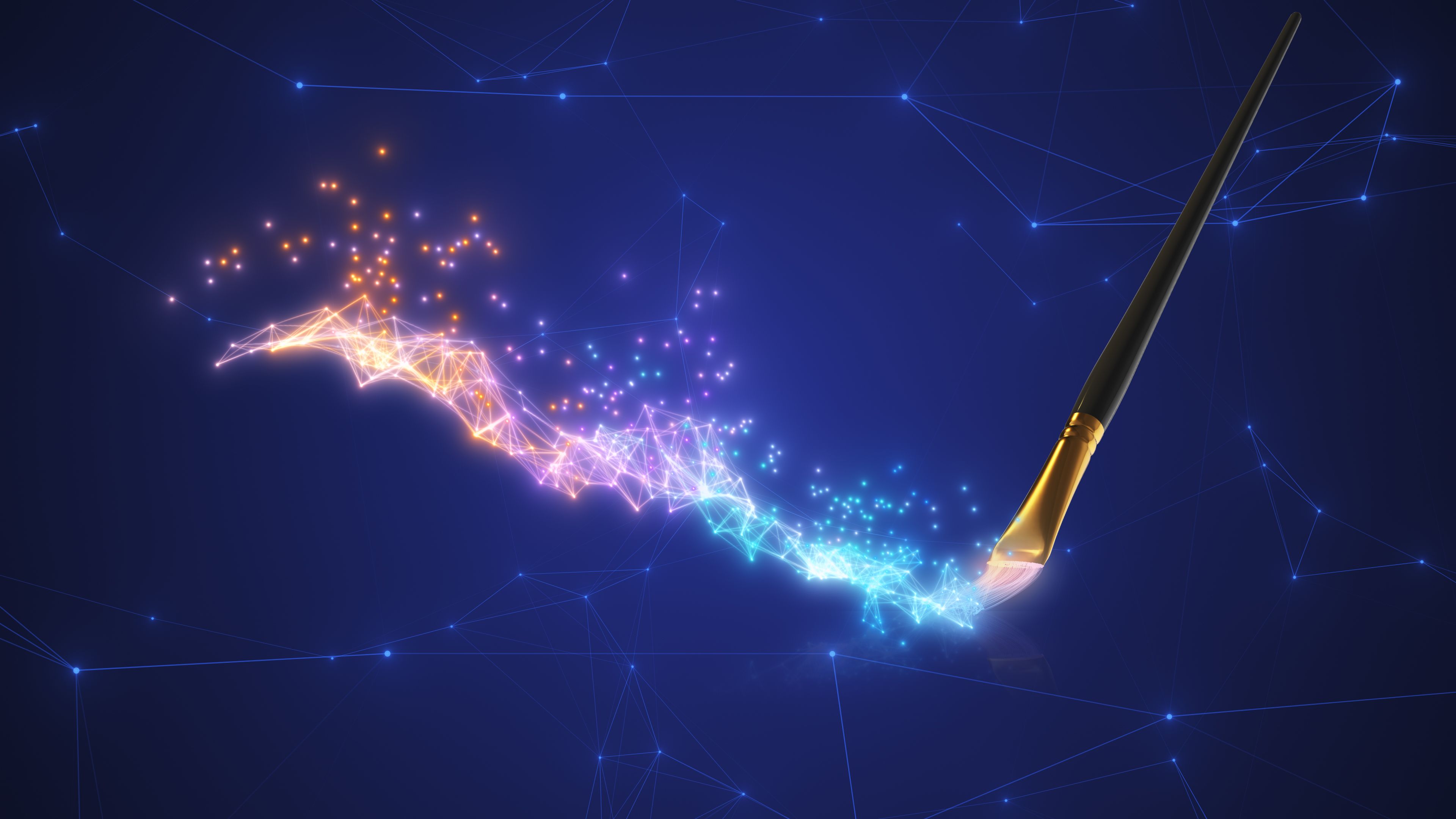 Paintbrush illustrating the concept of generative AI art on technological background Paintbrush illustrating the concept of generative AI art on technological background