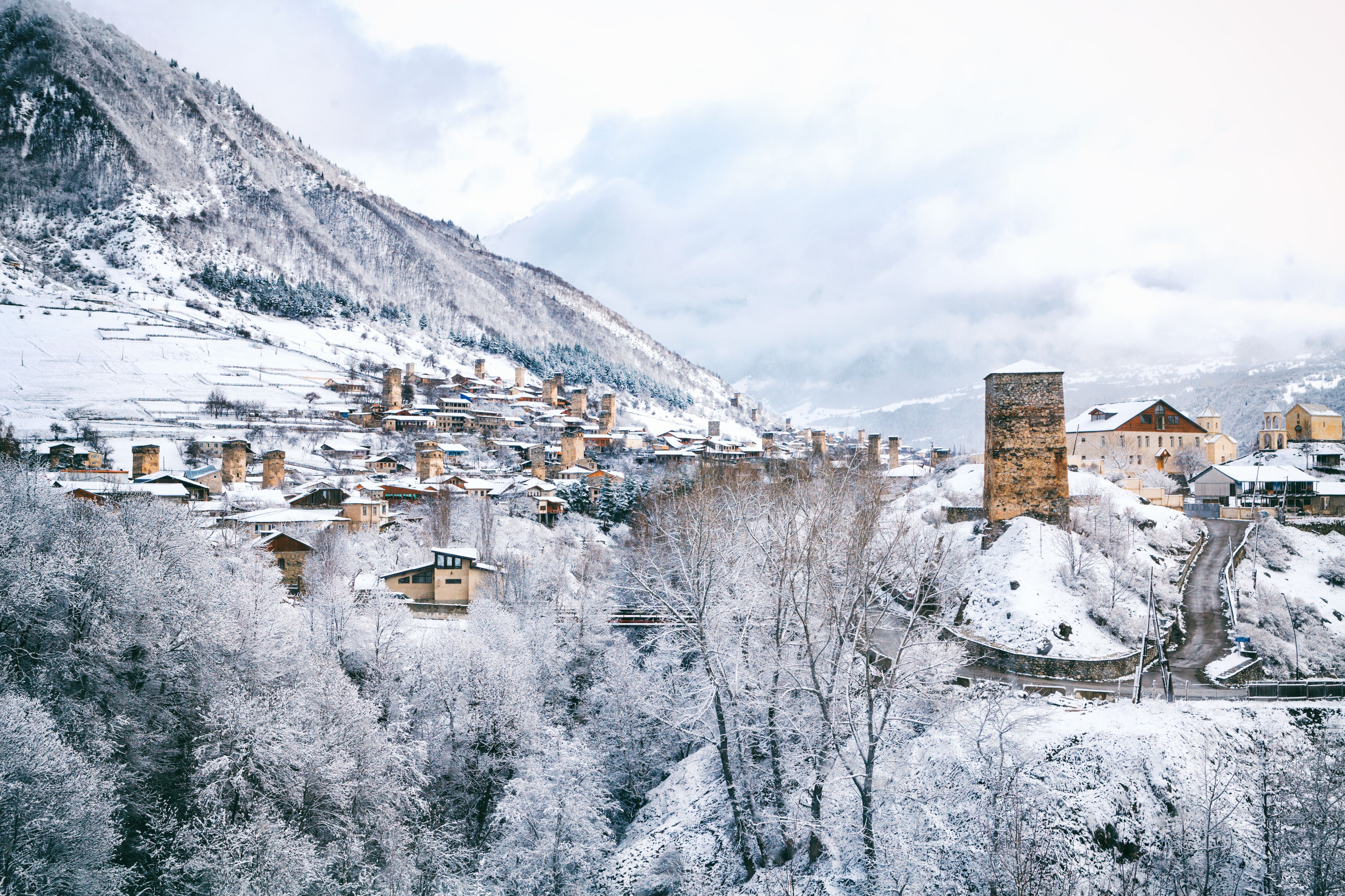 Panoramic view on Medieval towers in Mestia in the Caucasus Mountains, Upper Svaneti, Georgia.