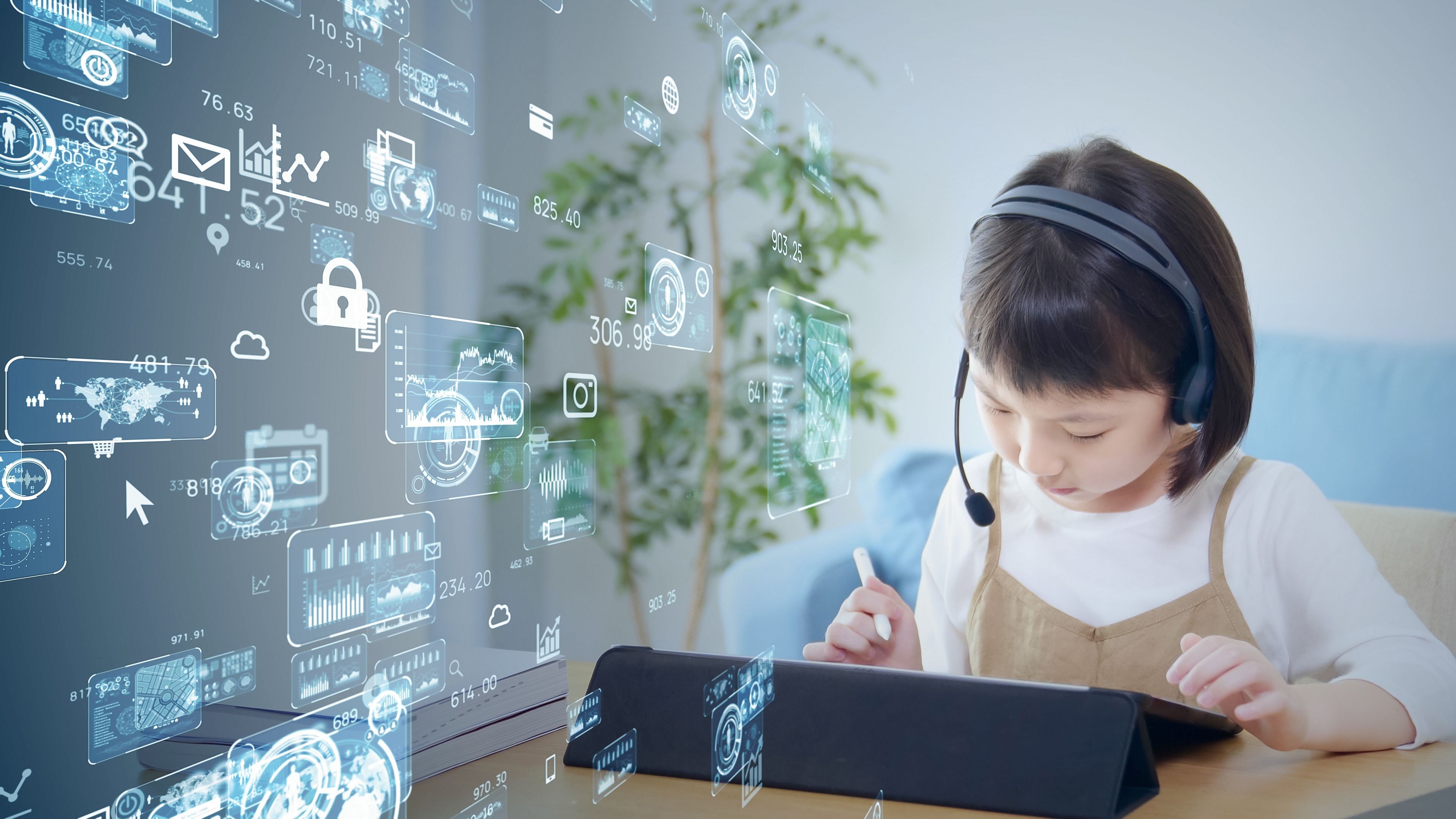 Online education concept. Online class. Asian little girl studying at home. Education. EdTech.