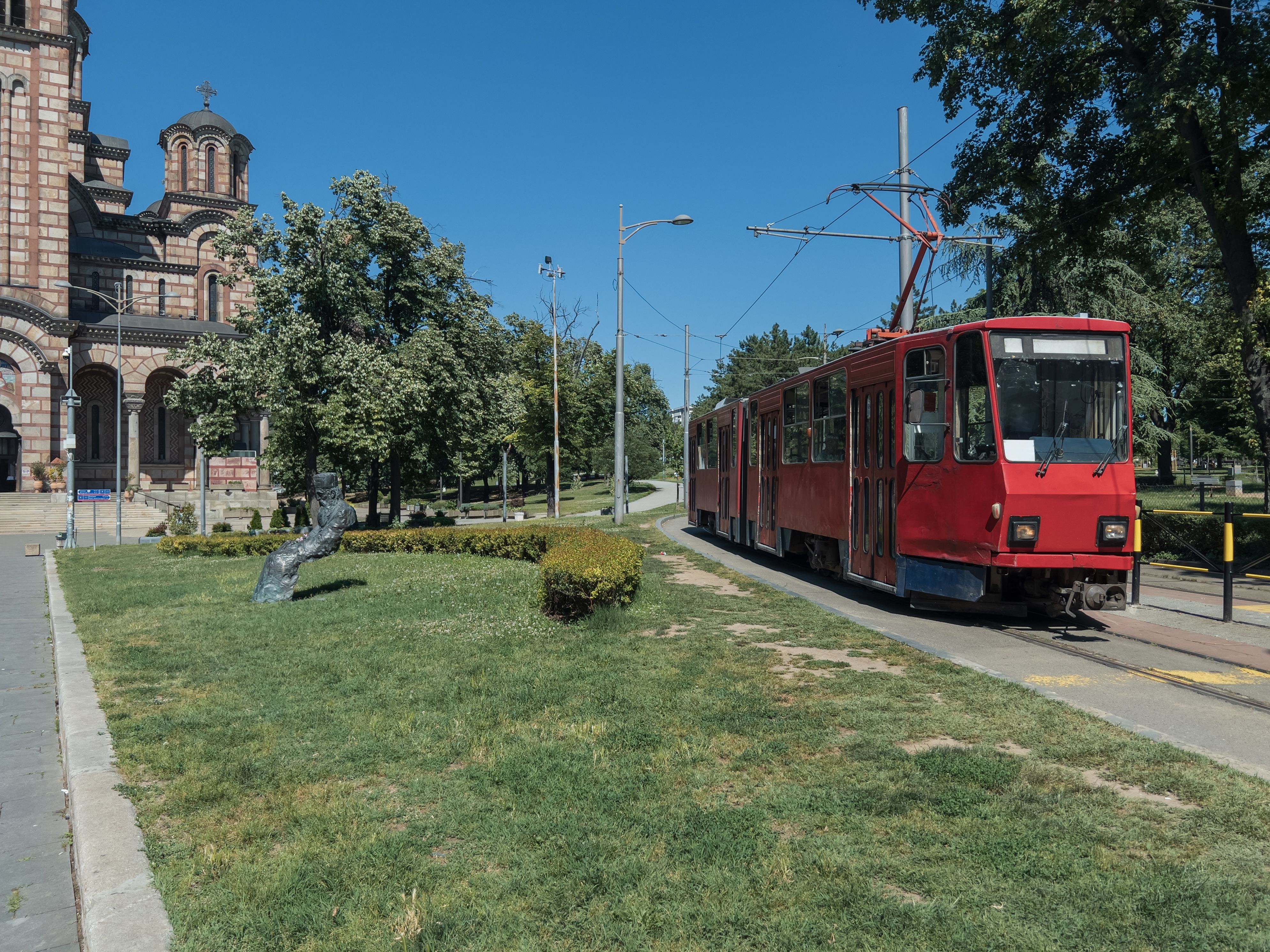 St. Mark's Church or the Church of St. Mark and tram in old historical city center of Belgrade, Serbia at daytime