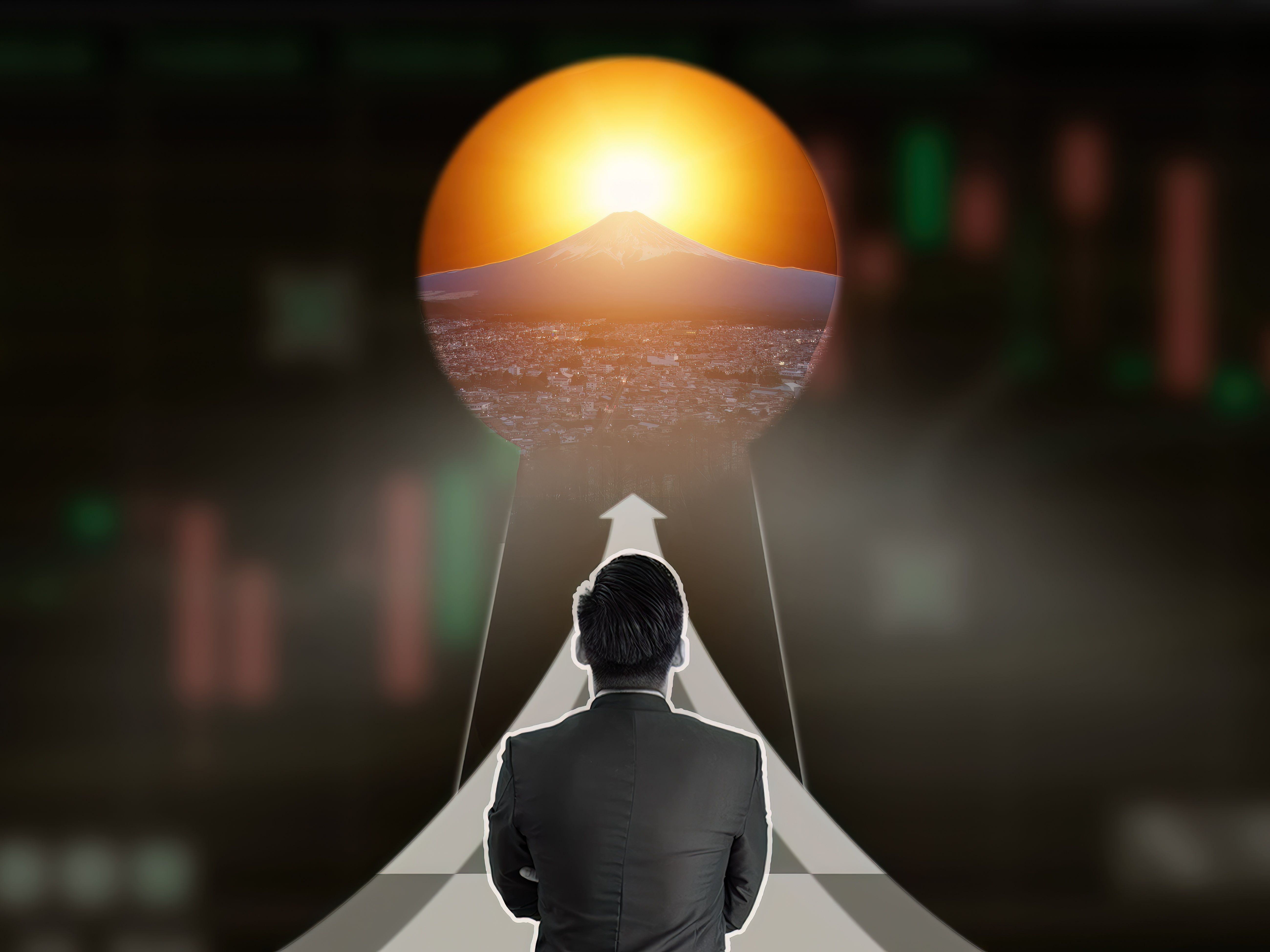 Businessman look at to door concept of success goal motivation growth, courage, target. concept of ambition, growth, opportunity, motivation Businessman look at to door concept of success goal motivation growth, courage, target. concept of ambition, growth, opportunity, motivation