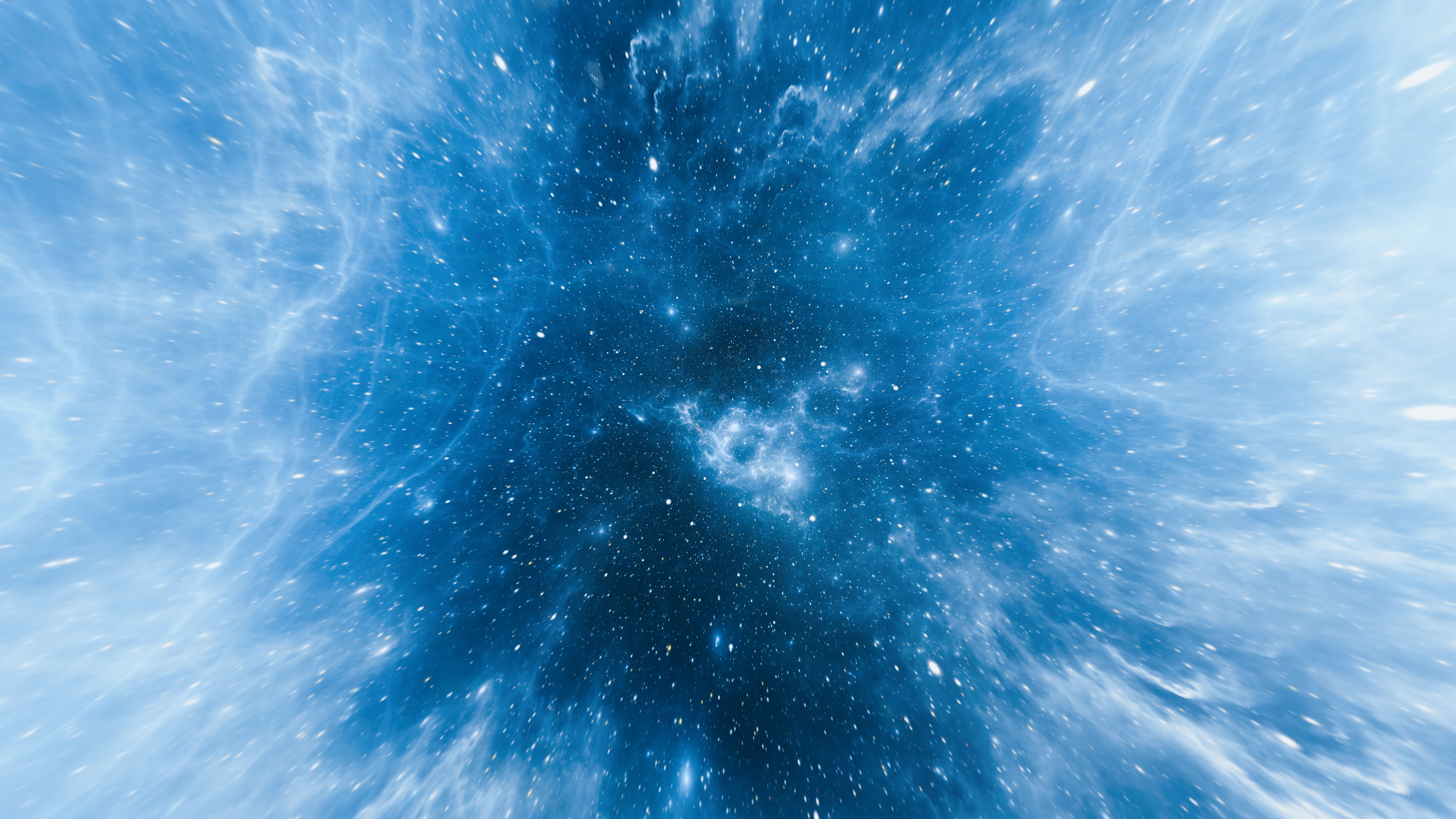 Colorful cosmic scene featuring bright stars and swirling blue nebulae set in a vast universe. Light radiates from celestial bodies, creating an enchanting atmosphere in space. 3d render