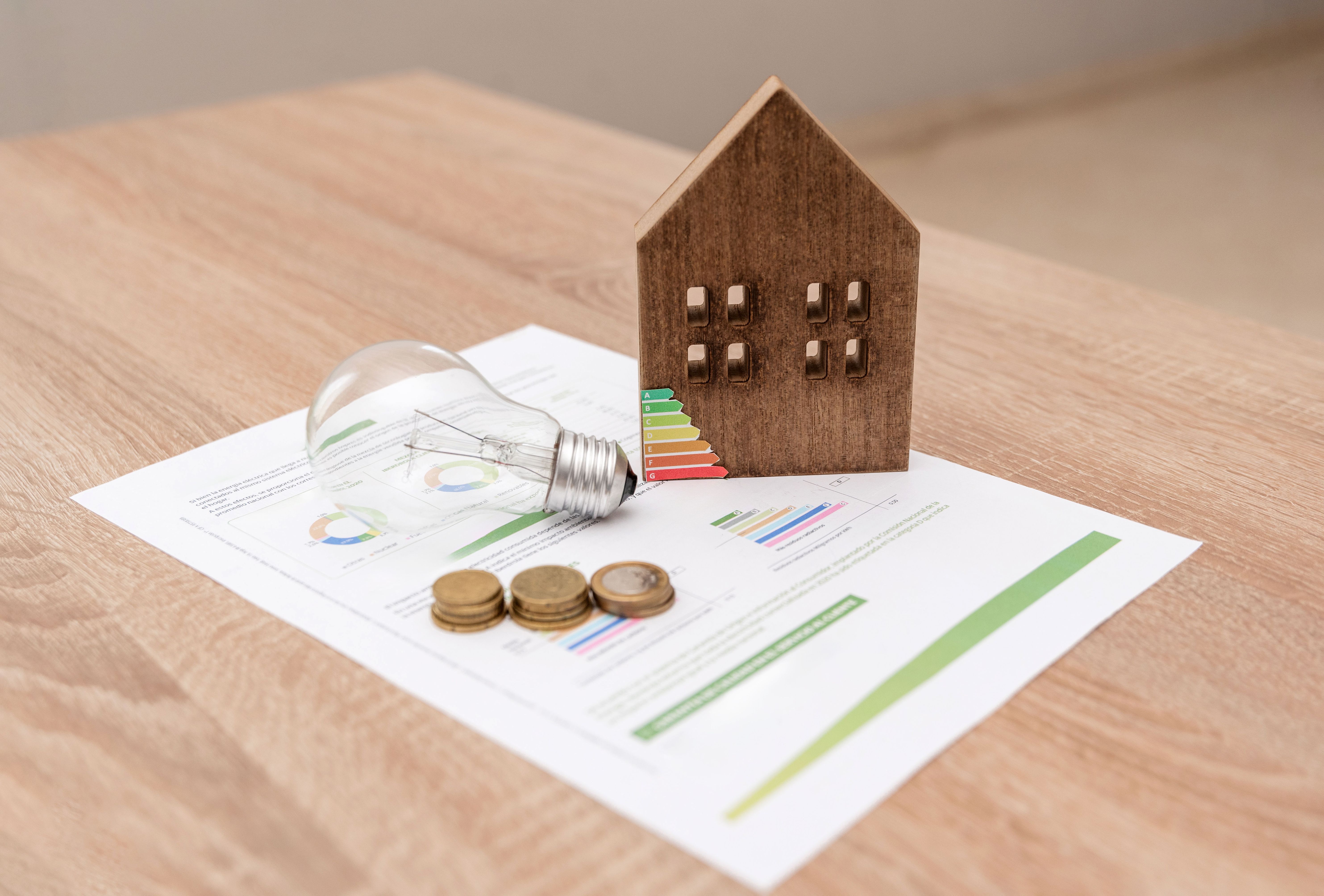 Wooden House Model with Light Bulb and Coins on electricity bill, energy costs and Sustainable Investment concept