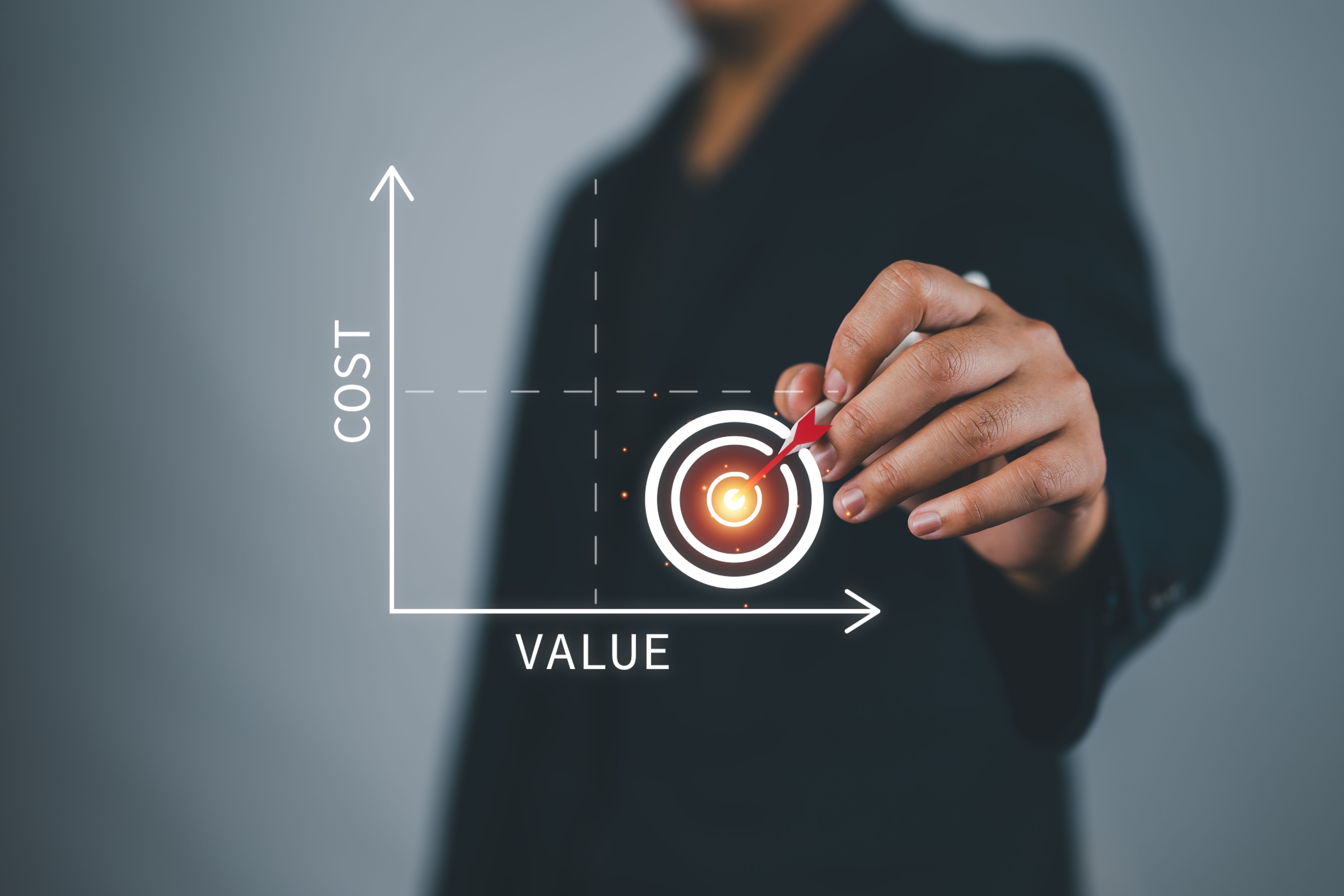 Cost benefit analysis. Concept about the relationship between Low Cost and High Value. Man tick target