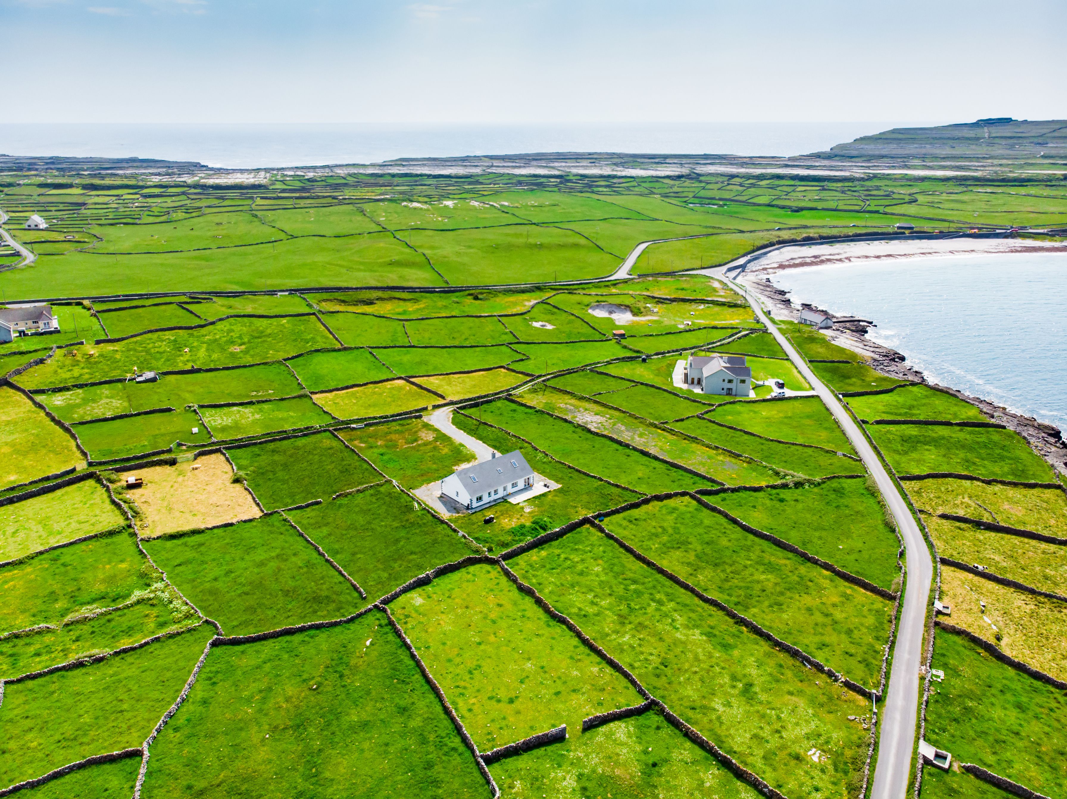 Aerial view of Inishmore or Inis Mor, the largest of the Aran Islands in Galway Bay, Ireland. Famous for its Irish culture, loyalty to the Irish language, and a wealth of ancient sites.