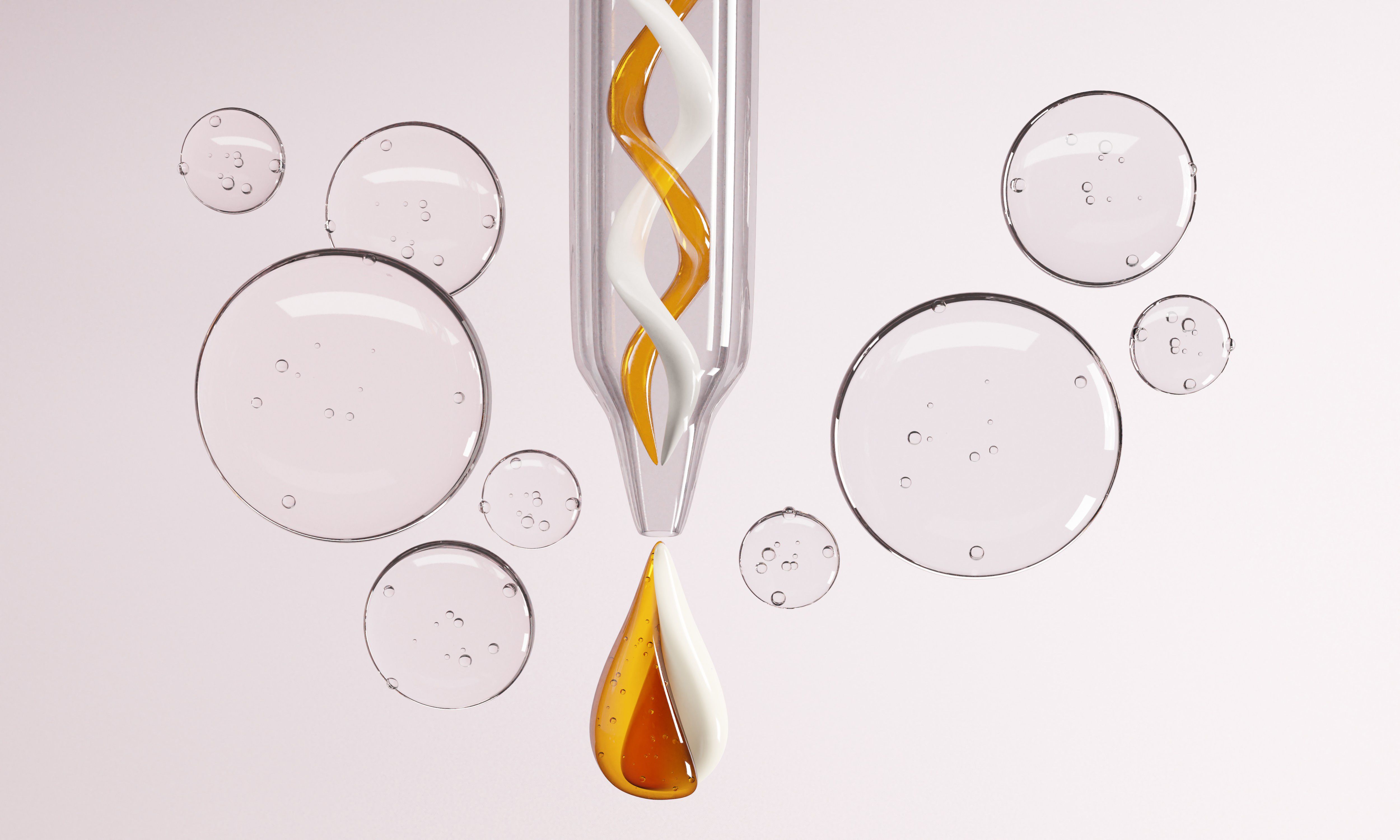 Cream and Essence oil mixed in a Cosmetic pipette surrounded by warter bubbles on a white background.-3d rendering. Cream and Essence oil mixed in a Cosmetic pipette surrounded by warter bubbles on a white background.-3d rendering.