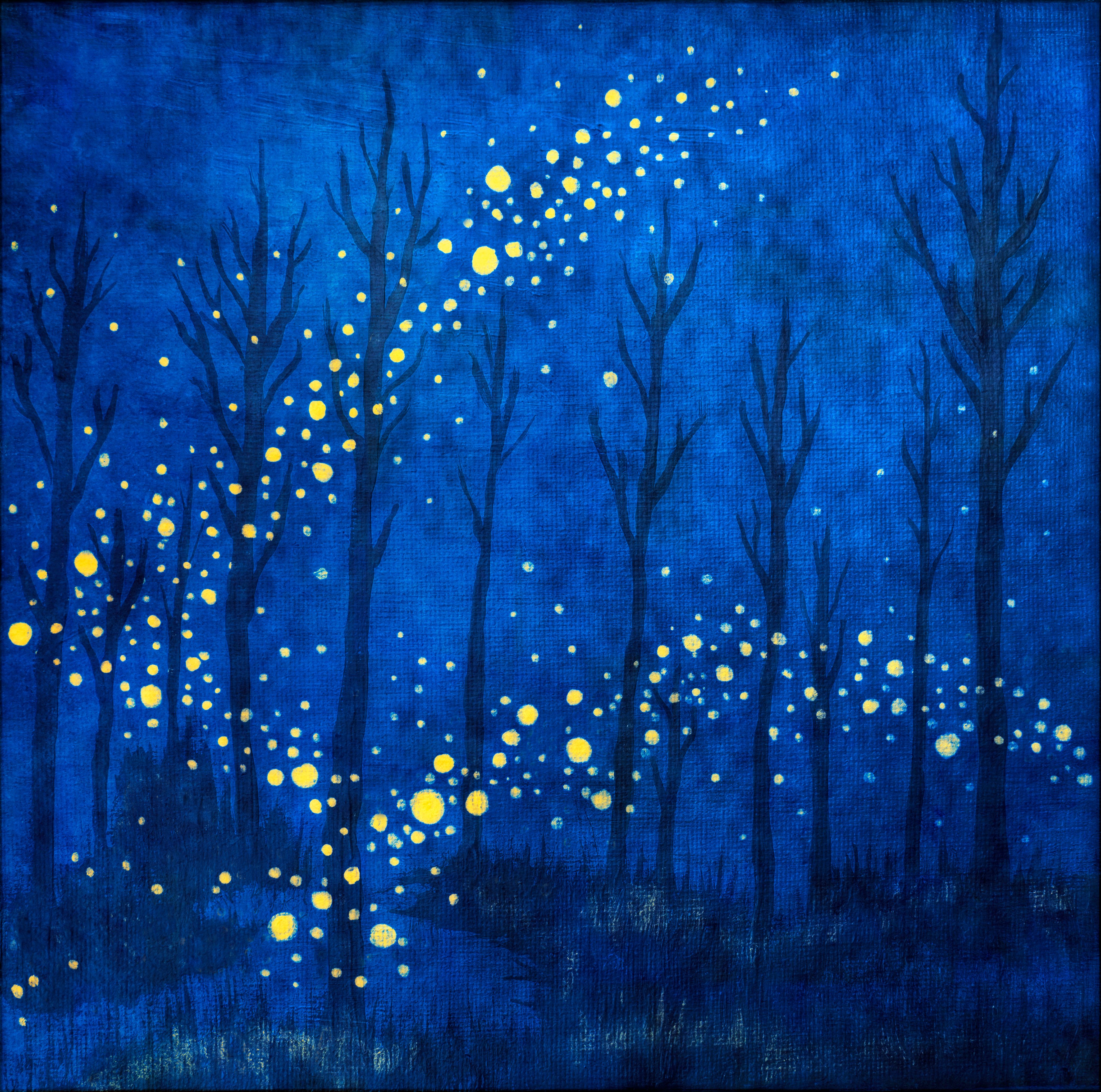 Painting of a forest at night with fireflies in blue Painting of a forest at night with fireflies in blue