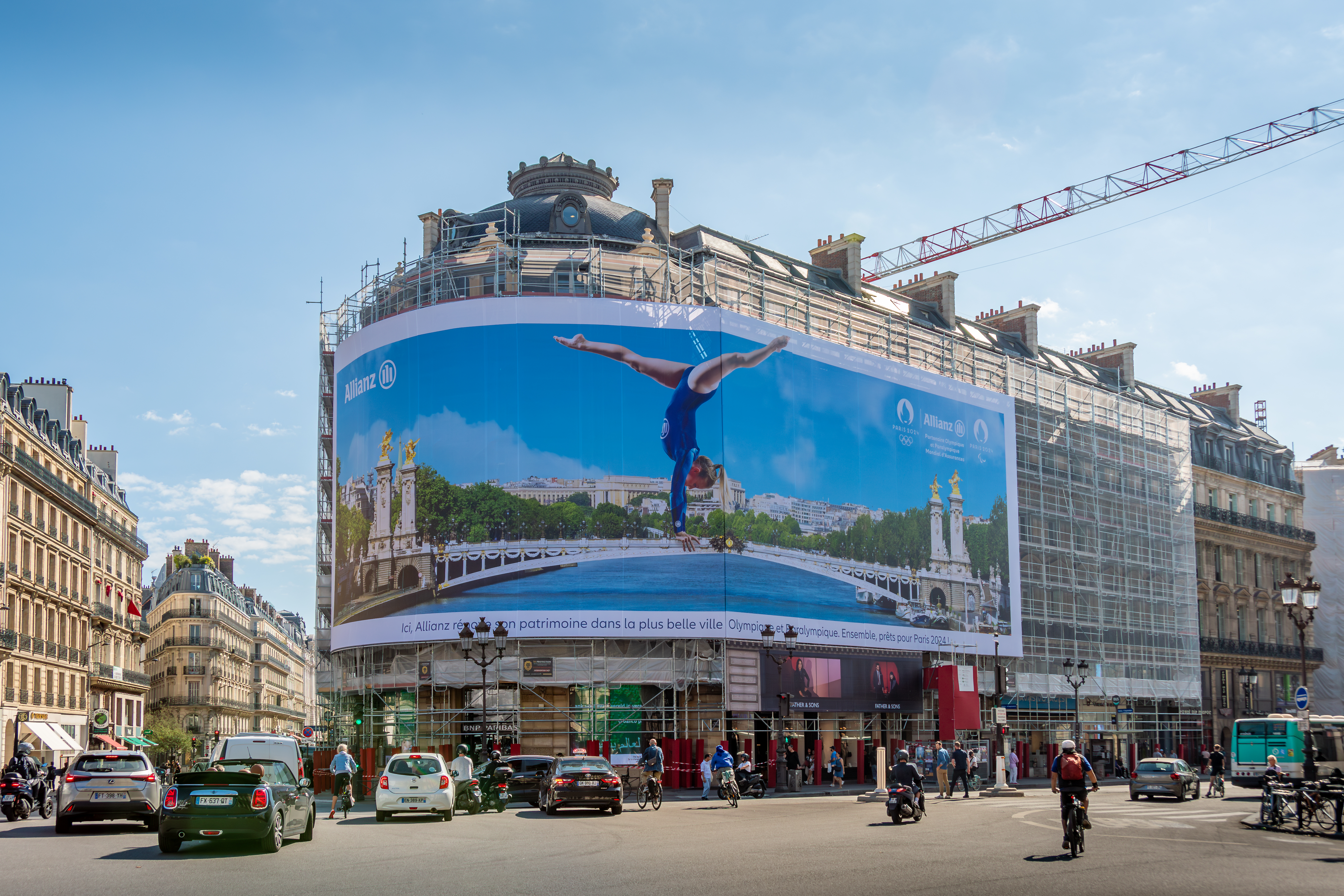 Giant advertising billboard sponsored by Allianz about the Paris 2024 Olympic games (gymnastics), Paris, France Giant advertising billboard sponsored by Allianz about the Paris 2024 Olympic games (gymnastics), Paris, France