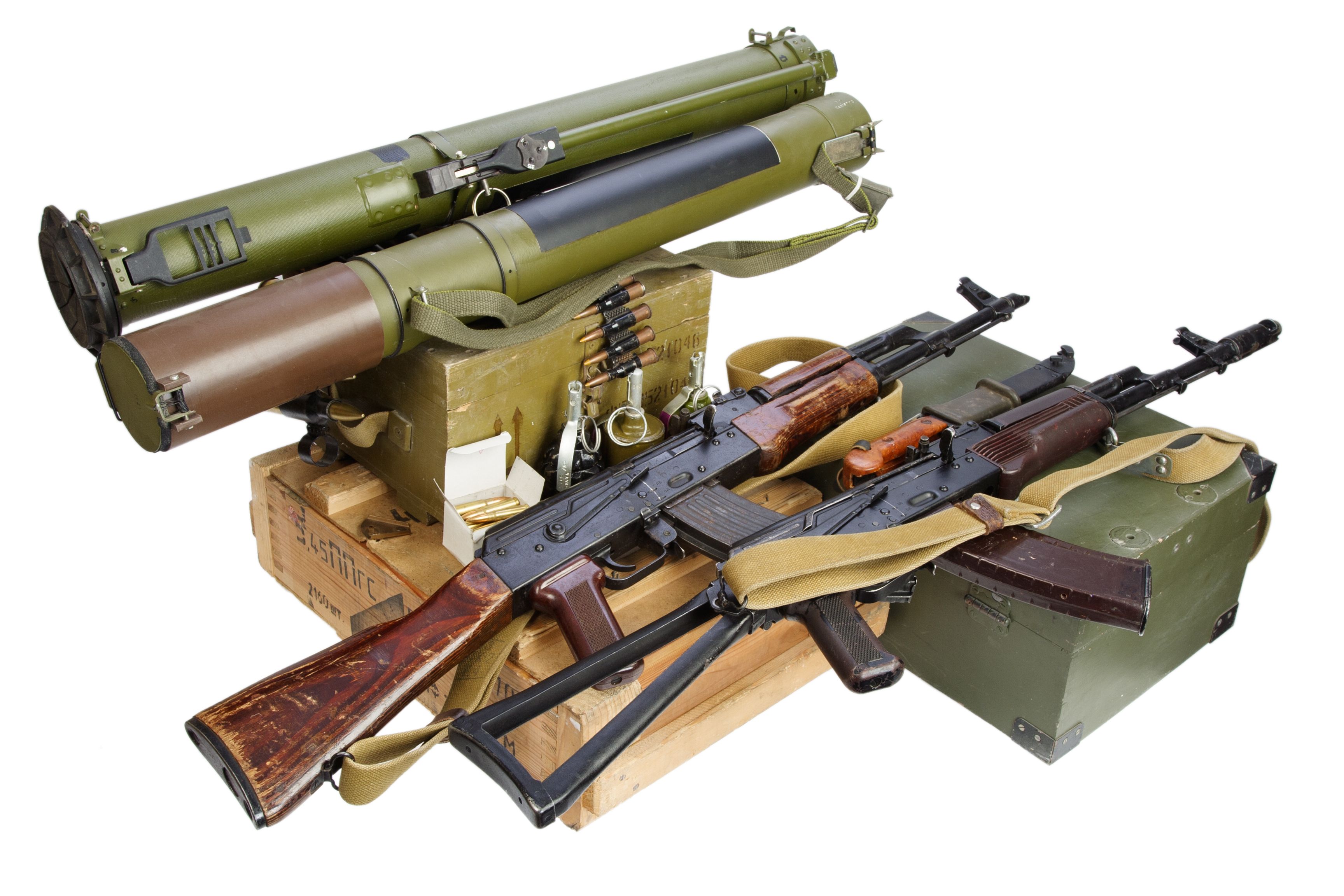 AK47 on army green ctrates with ammunition