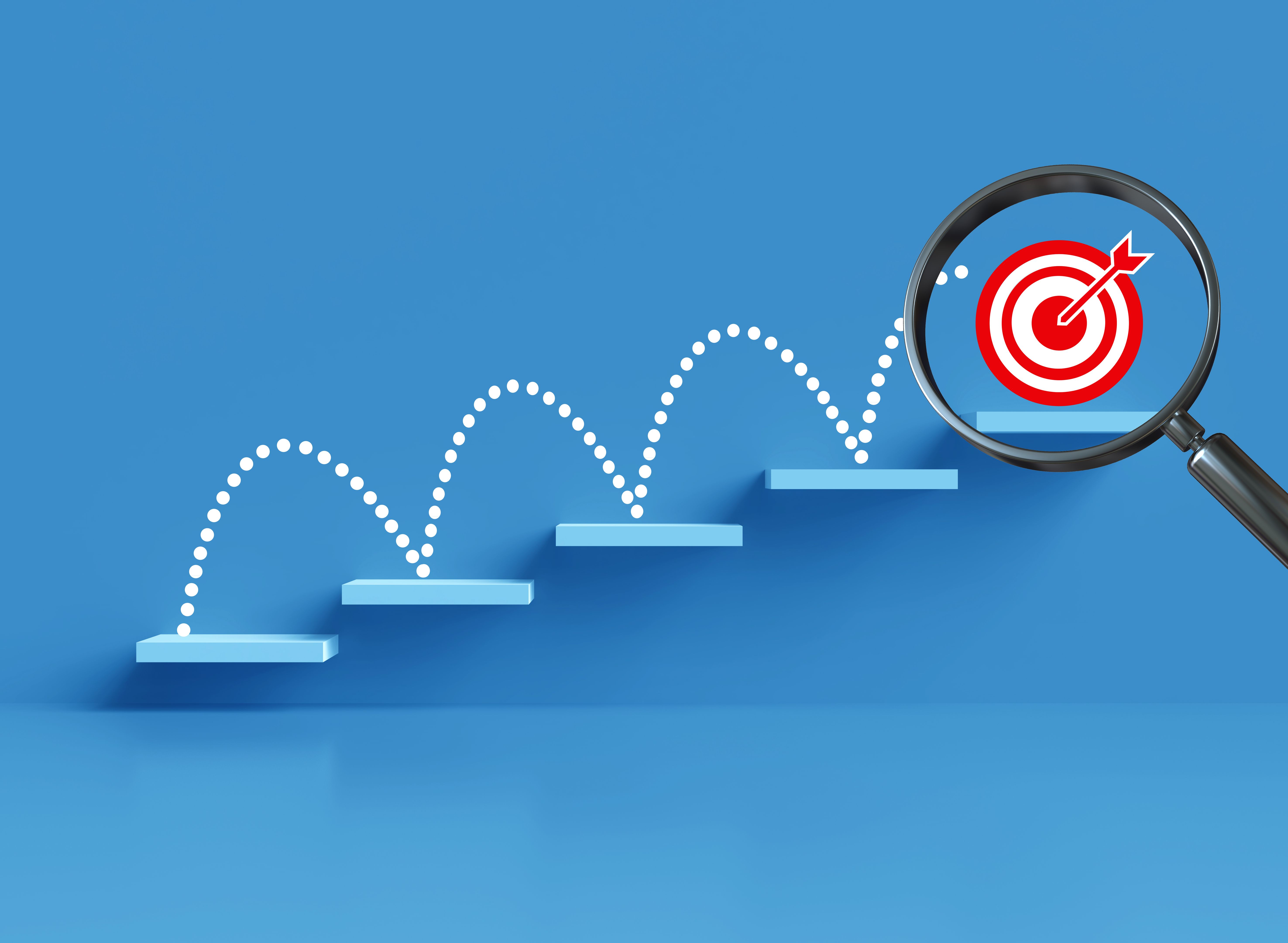 Stairs target arrow on Blue background.