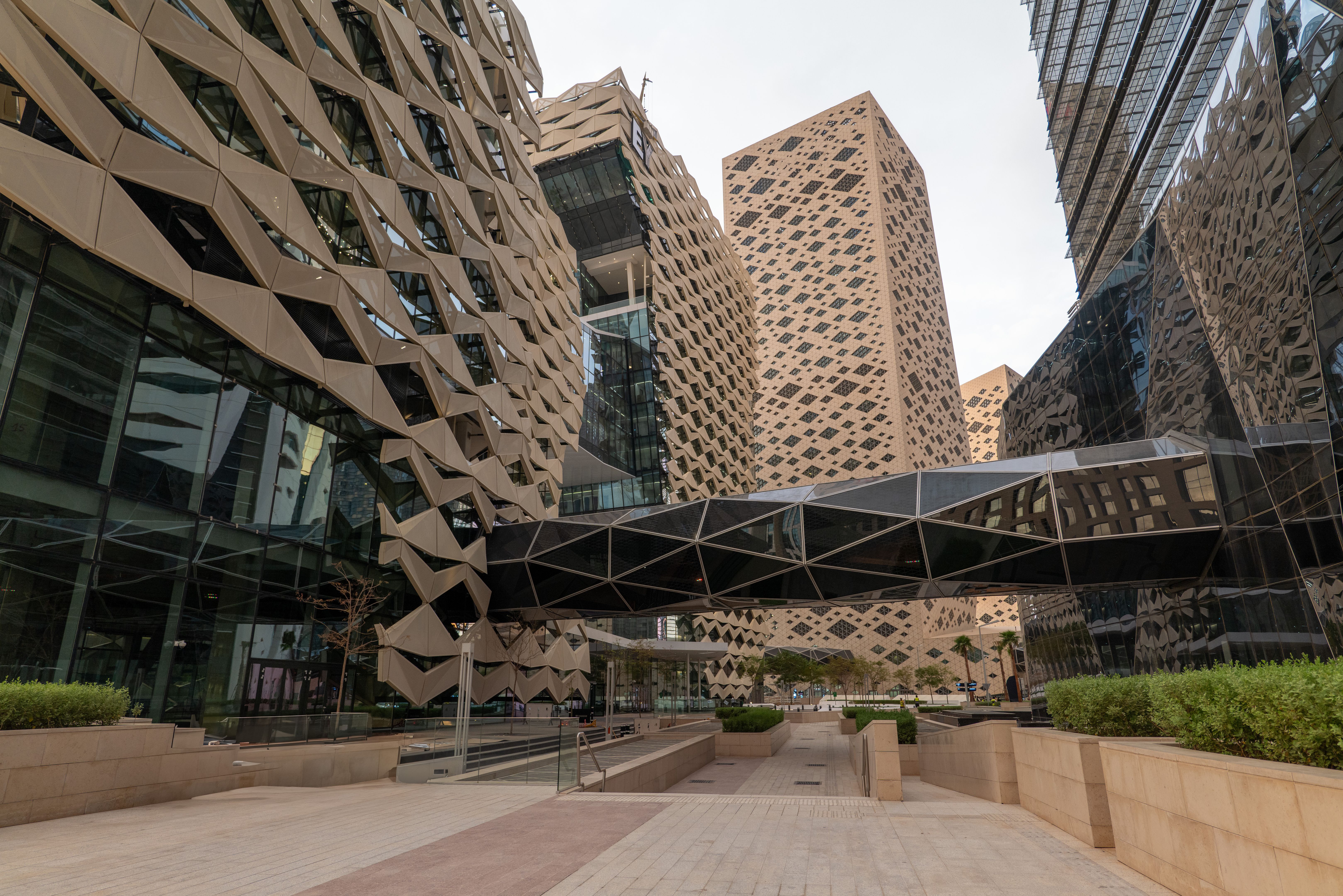 Unique Geometric Architecture and Skybridge in KAFD, Riyadh. Unique Geometric Architecture and Skybridge in KAFD, Riyadh.