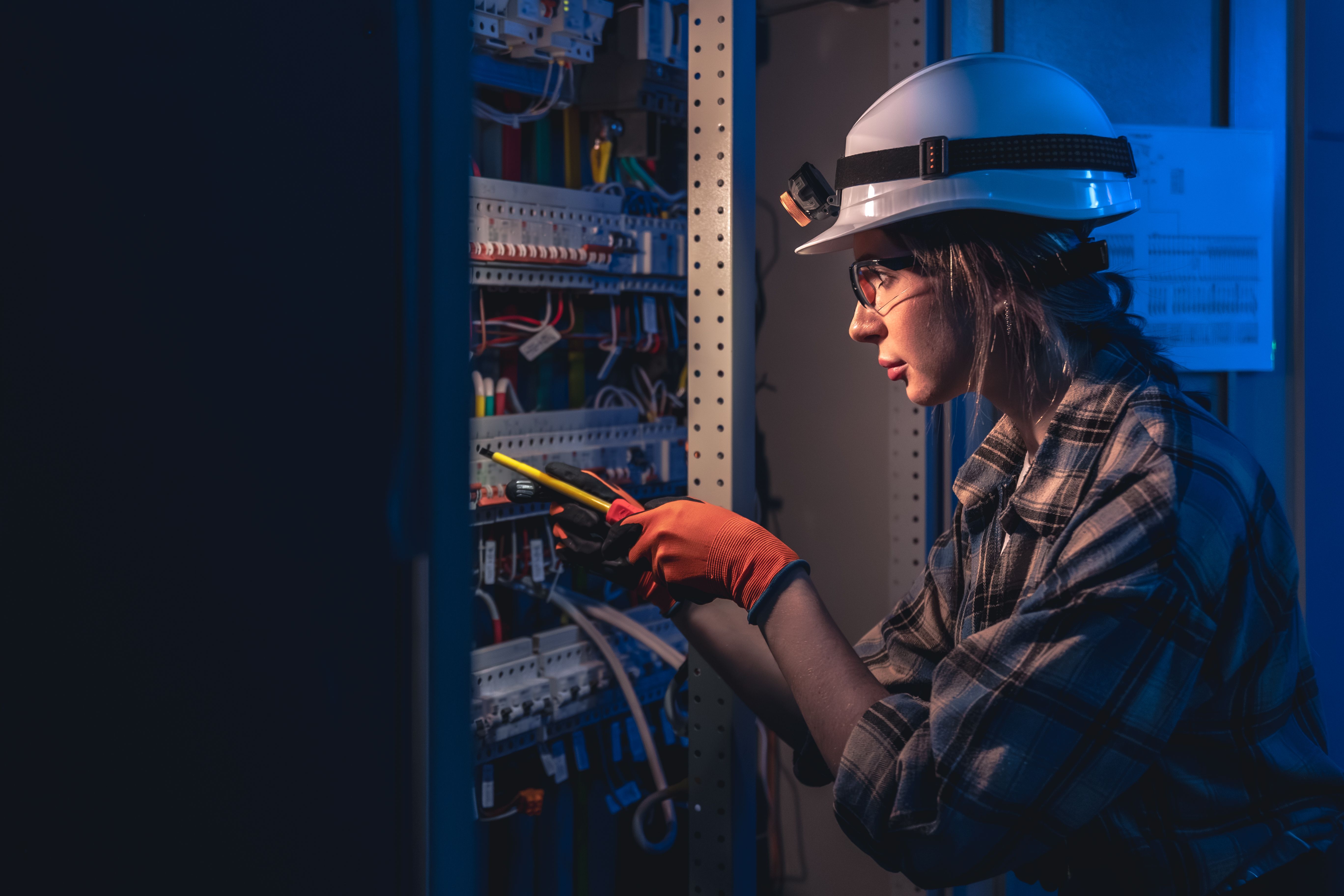 electrician inspecting panel