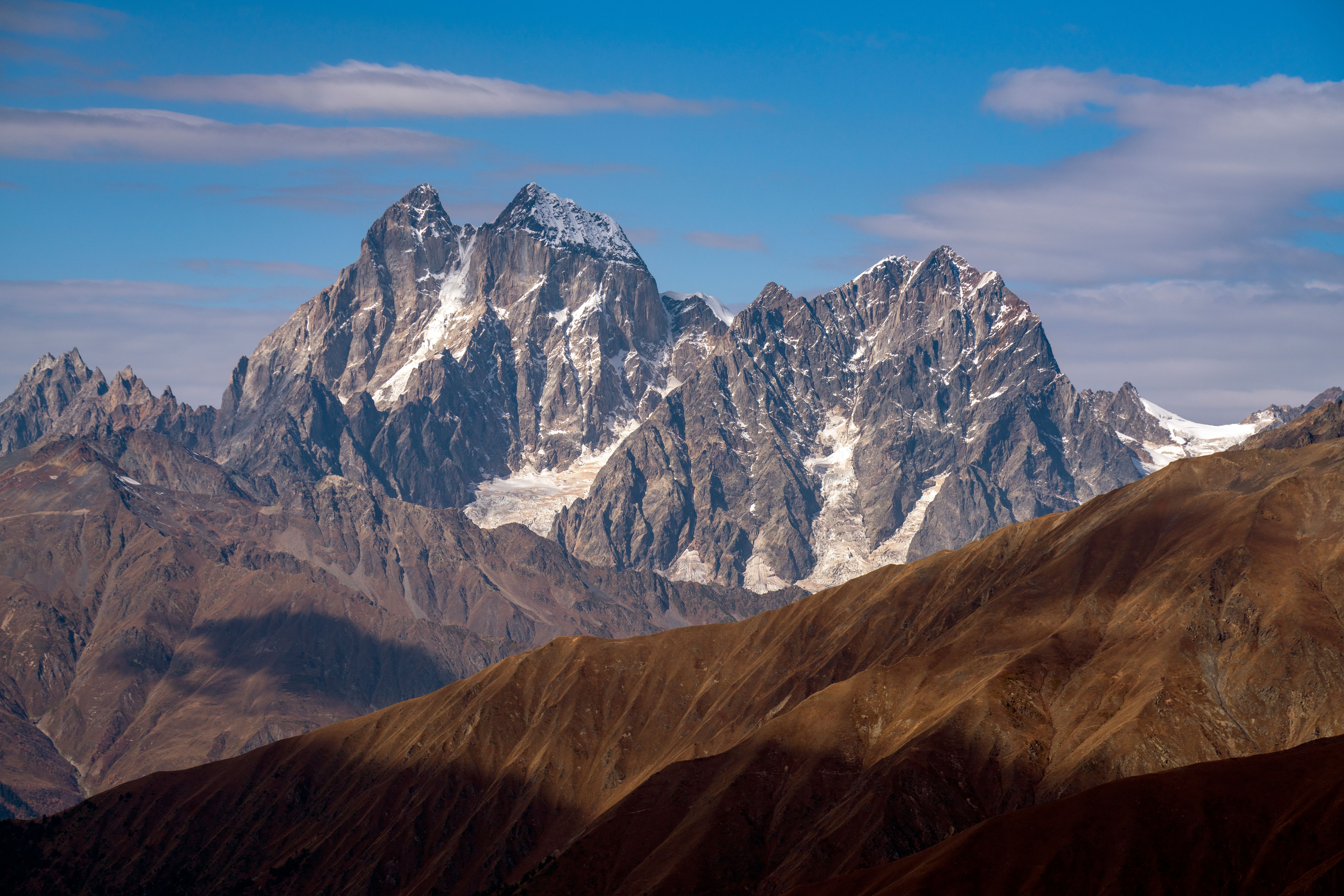 Mountain landscape of Ushba peak and beautiful view in Georgia