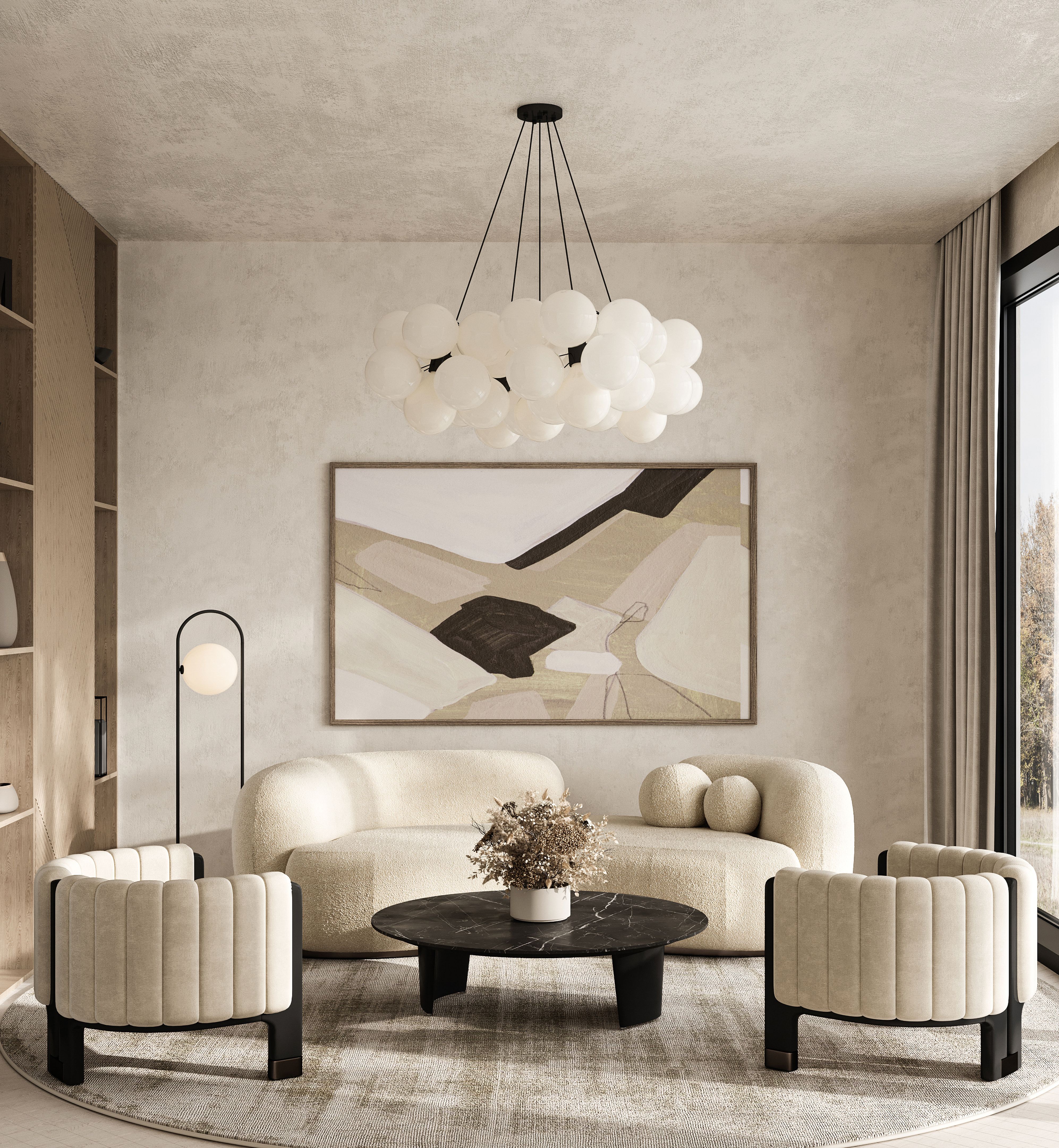 Contemporary classic white beige livingroom with black table and decor - carpet background. Large modern japanese lamp and nature view. 3d rendering illustration mockup. High quality 3d illustration