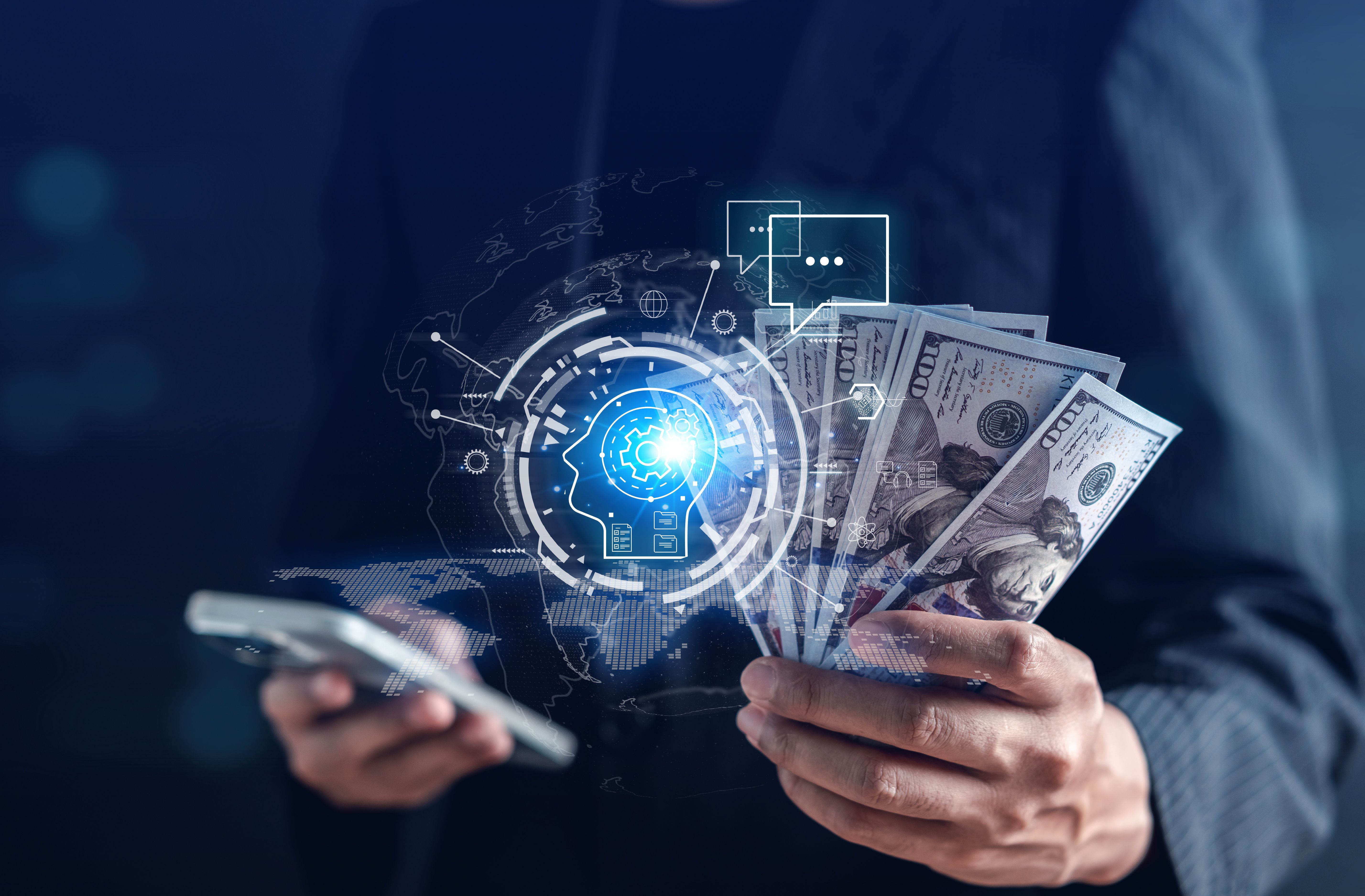 Businessman using ai technology. chat bot with AI Artificial Intelligence generate. Futuristic technology, robot in online system. Business in future to invest and develop corporate concept.