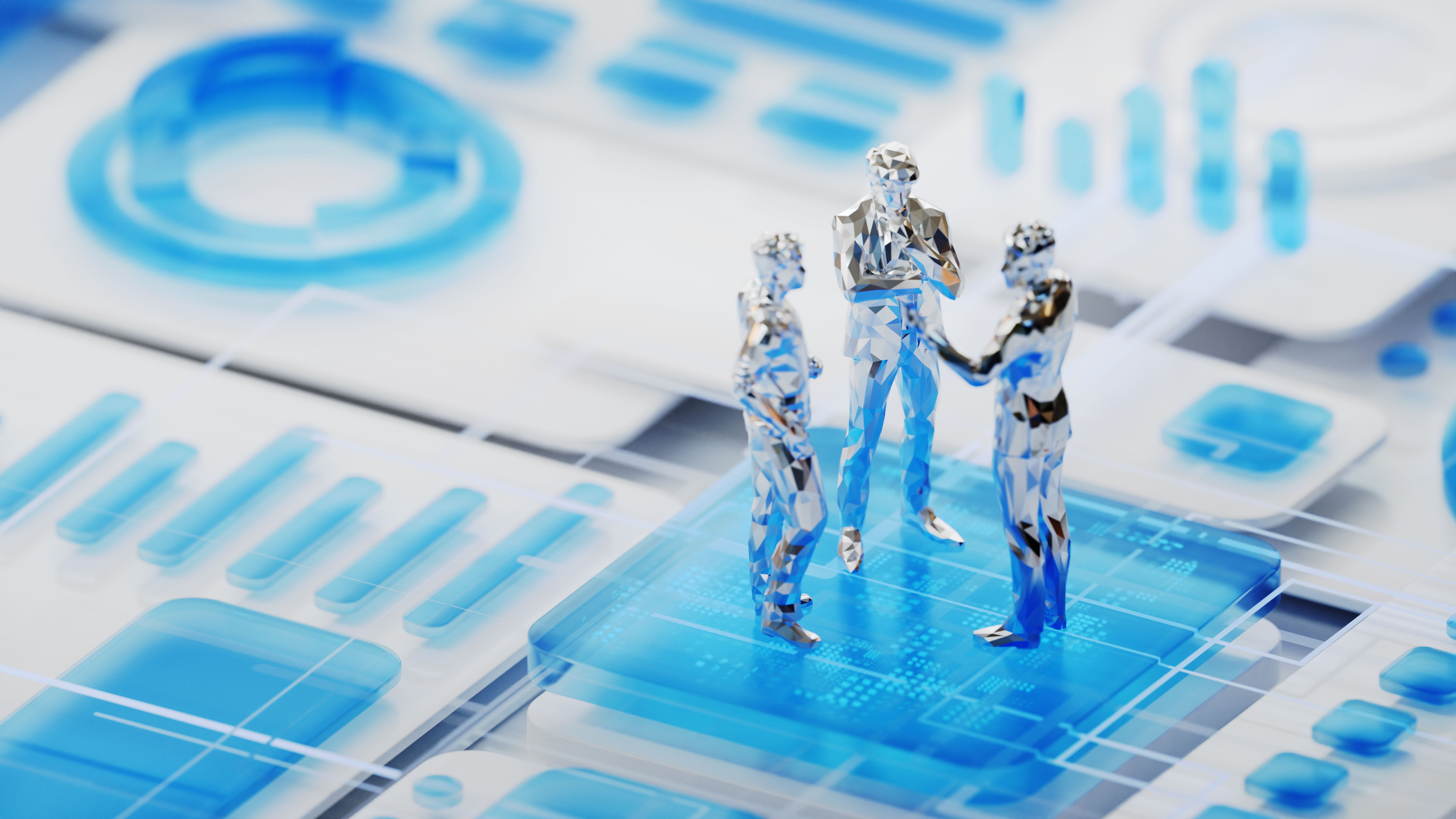 Business meeting. Three figures of people, on the podium surrounded by 3d abstract financial elements as charts and graphs