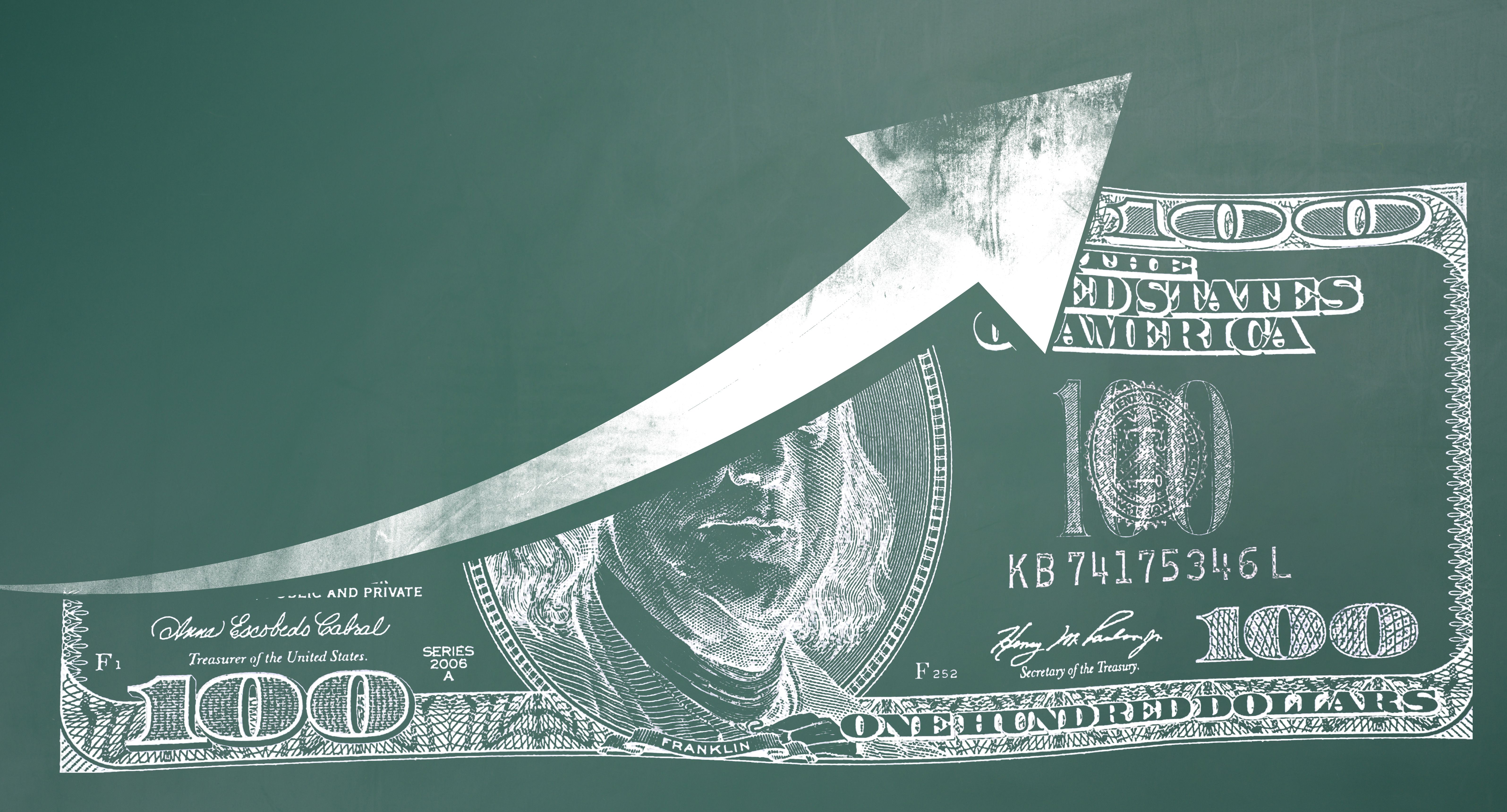 Print of a one hundred-dollar American bill on a green chalkboard and an upward arrow. Concept of inflation increase, currency exchange rate growth Print of a one hundred-dollar American bill on a green chalkboard and an upward arrow. Concept of inflation increase, currency exchange rate growth