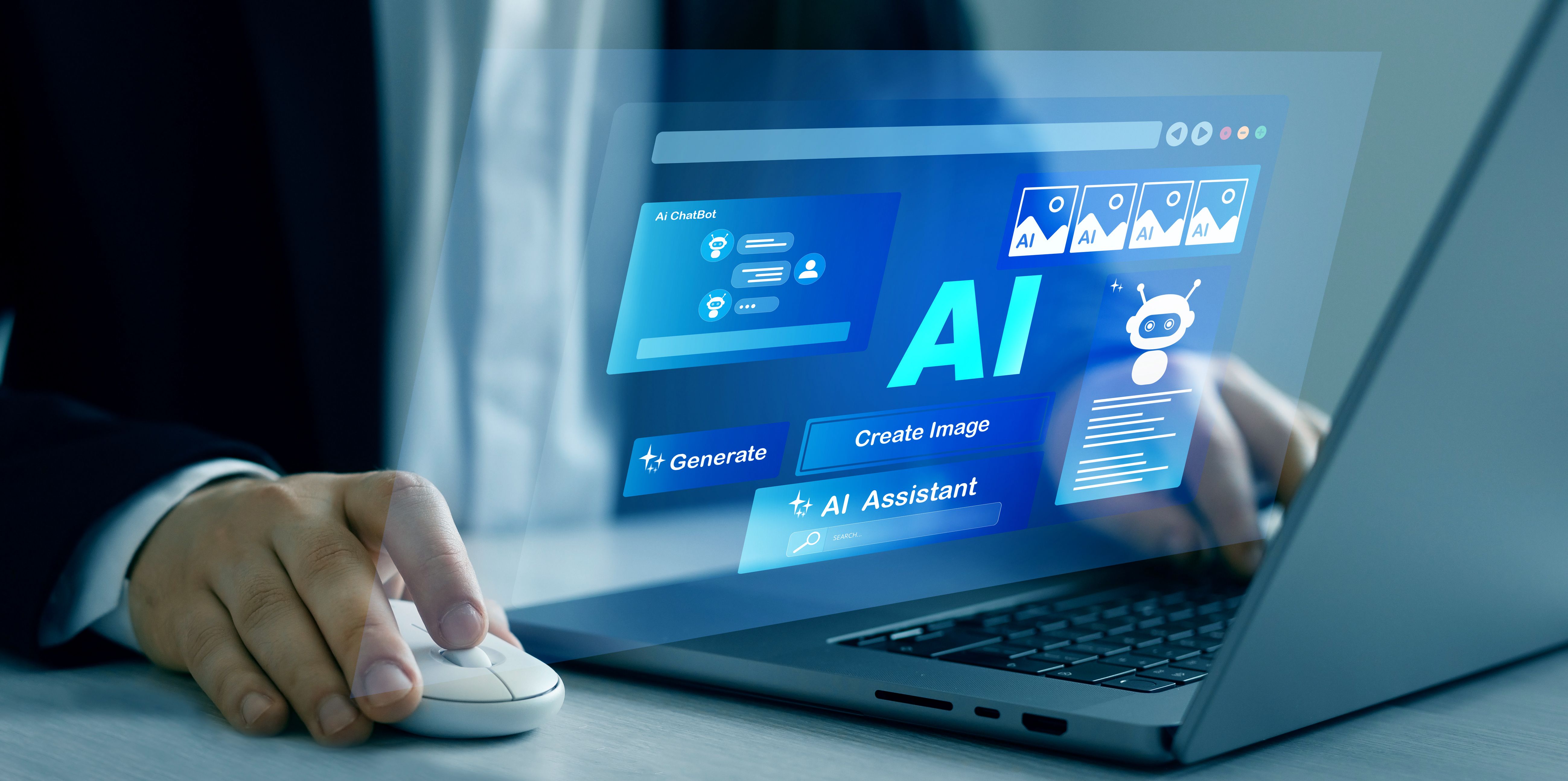 Person using laptop with Ai Content Generator. Interaction with the Ai assistant to solve some tasks more easily. Image generator, documents, marketing and advertising, bot writing and coding. Person using laptop with Ai Content Generator. Interaction with the Ai assistant to solve some tasks more easily. Image generator, documents, marketing and advertising, bot writing and coding.