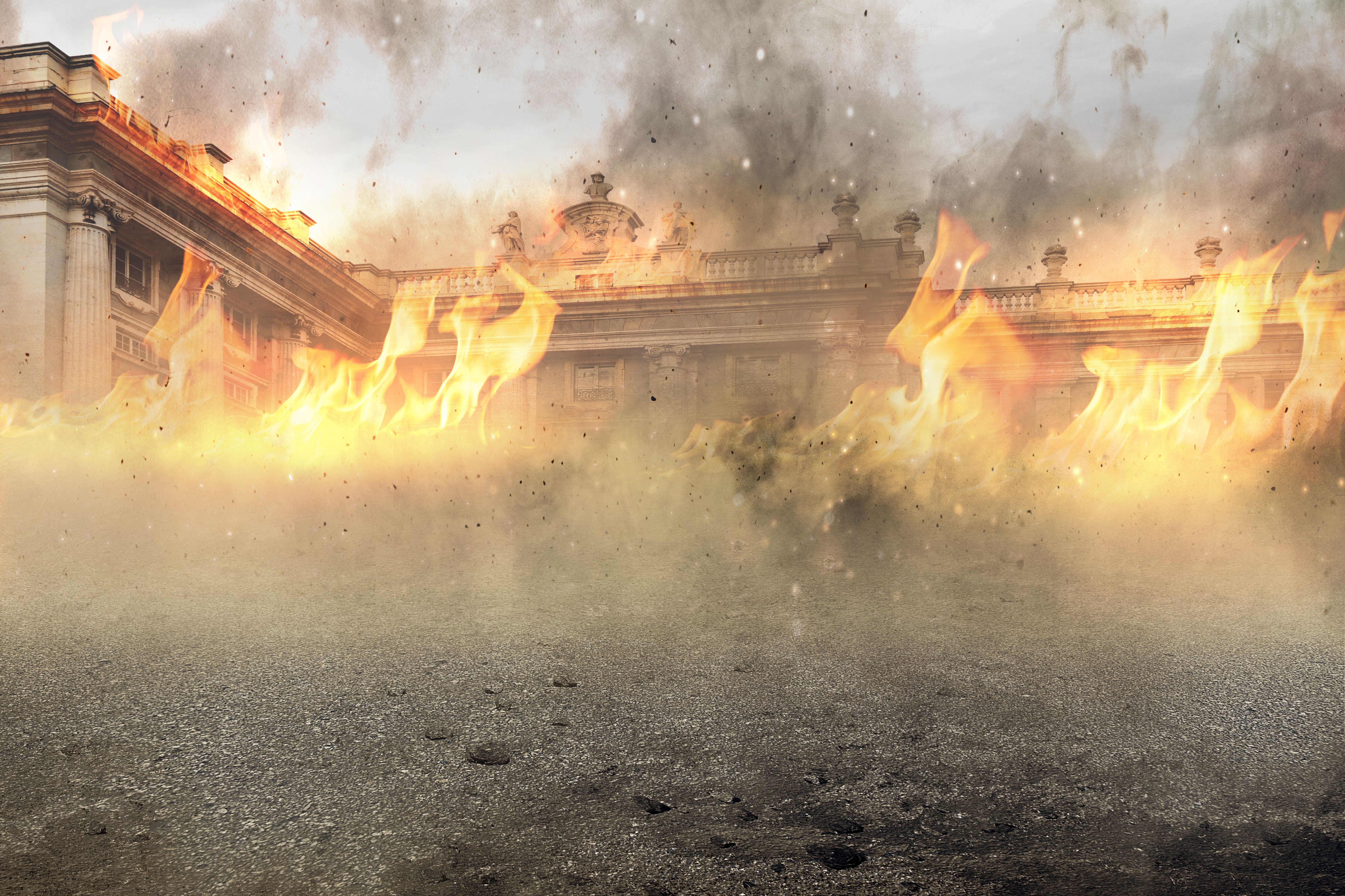 The ruined city with fires and sparks