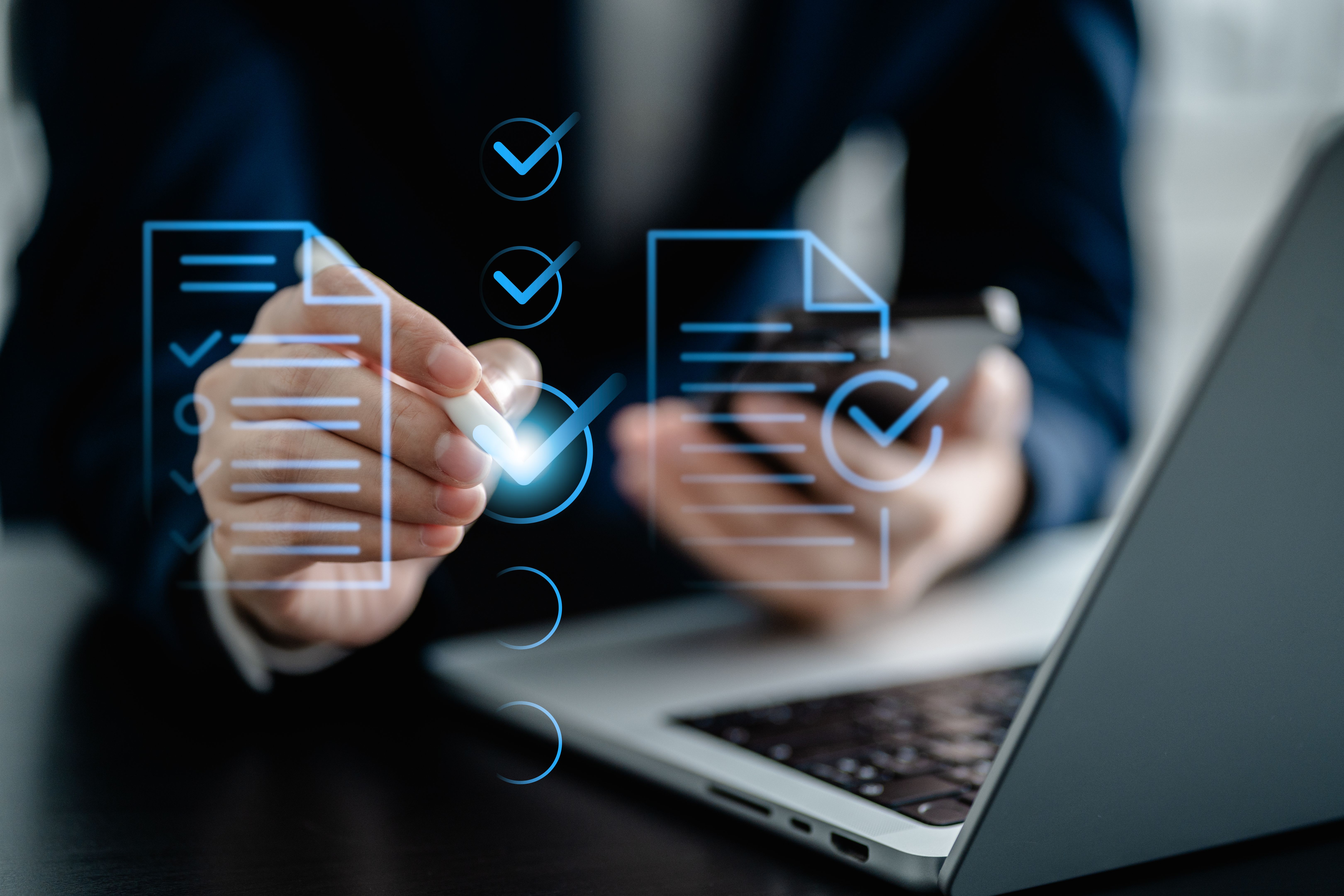 Businesswomen evaluate the performance of business via checklist systems online, take questionnaires and assessment electronic documents, fill out digital form checklist. Businesswomen evaluate the performance of business via checklist systems online, take questionnaires and assessment electronic documents, fill out digital form checklist.