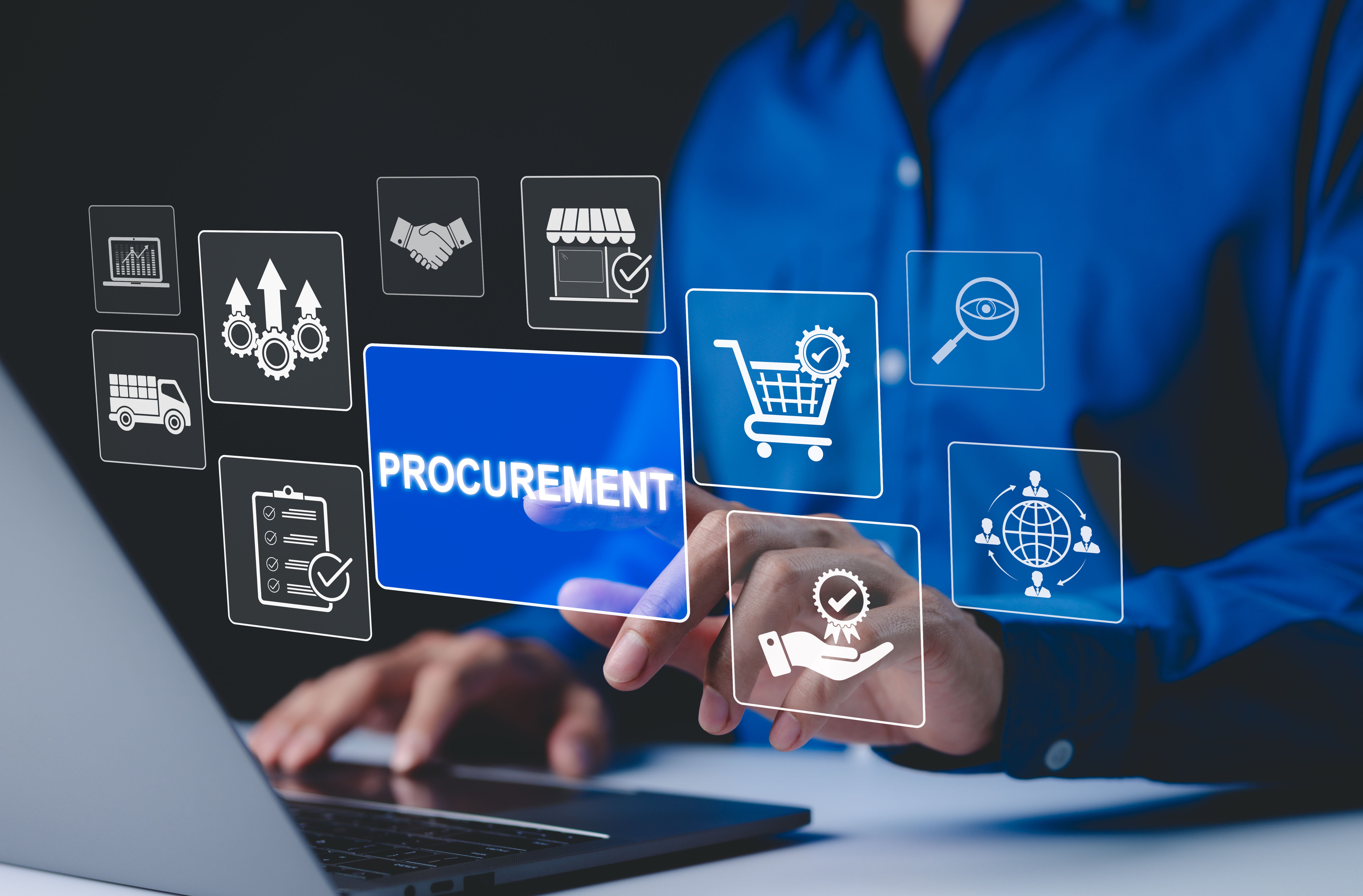 Gestão de compras e conceito de cadeia de suprimentos. Ícones de compras relacionados à logística, cadeia de suprimentos e gerenciamento de estoque. aquisição para garantir operações comerciais eficientes. serviço de entrega