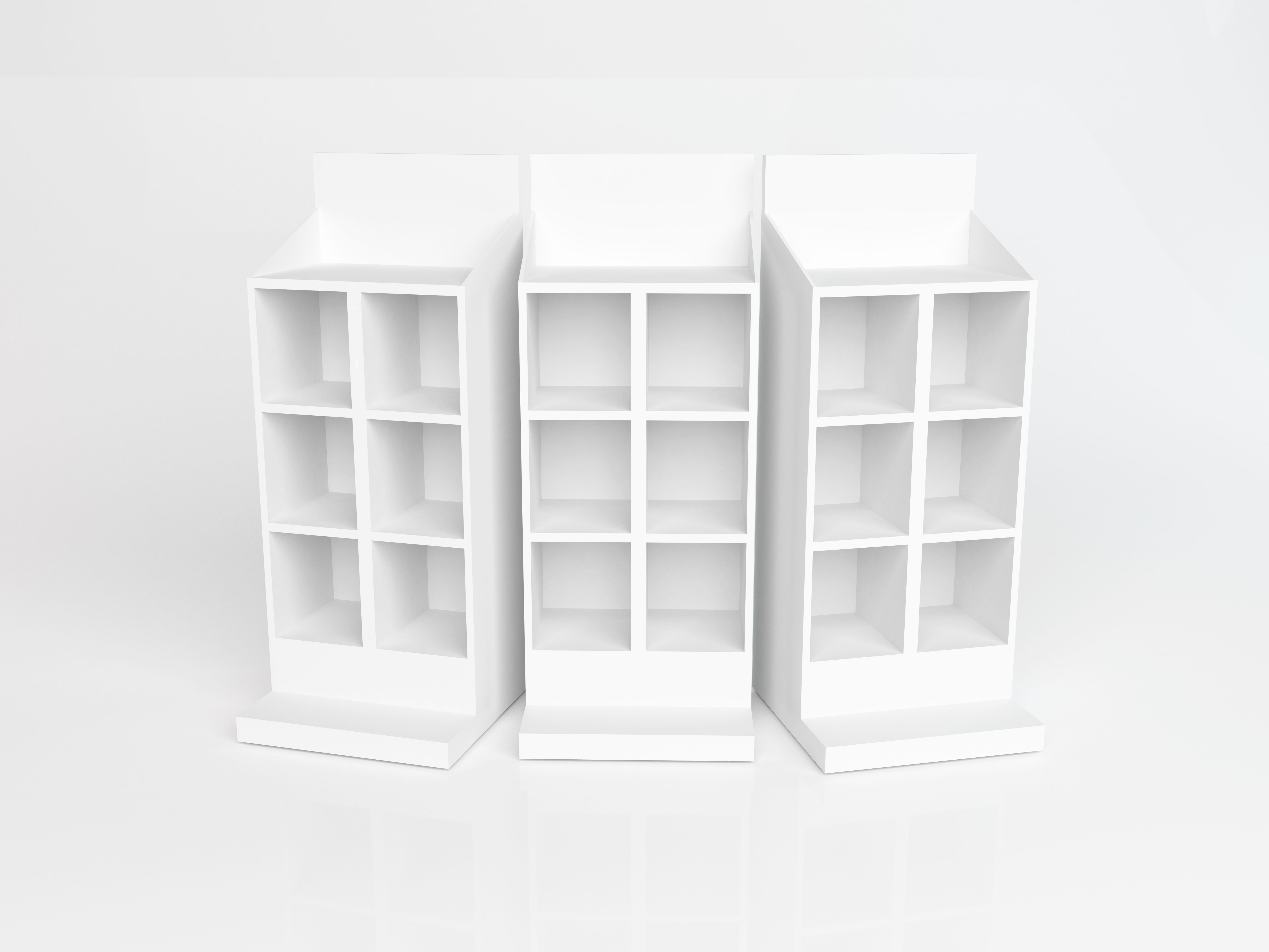 Empty supermarket shelves isolated on white background