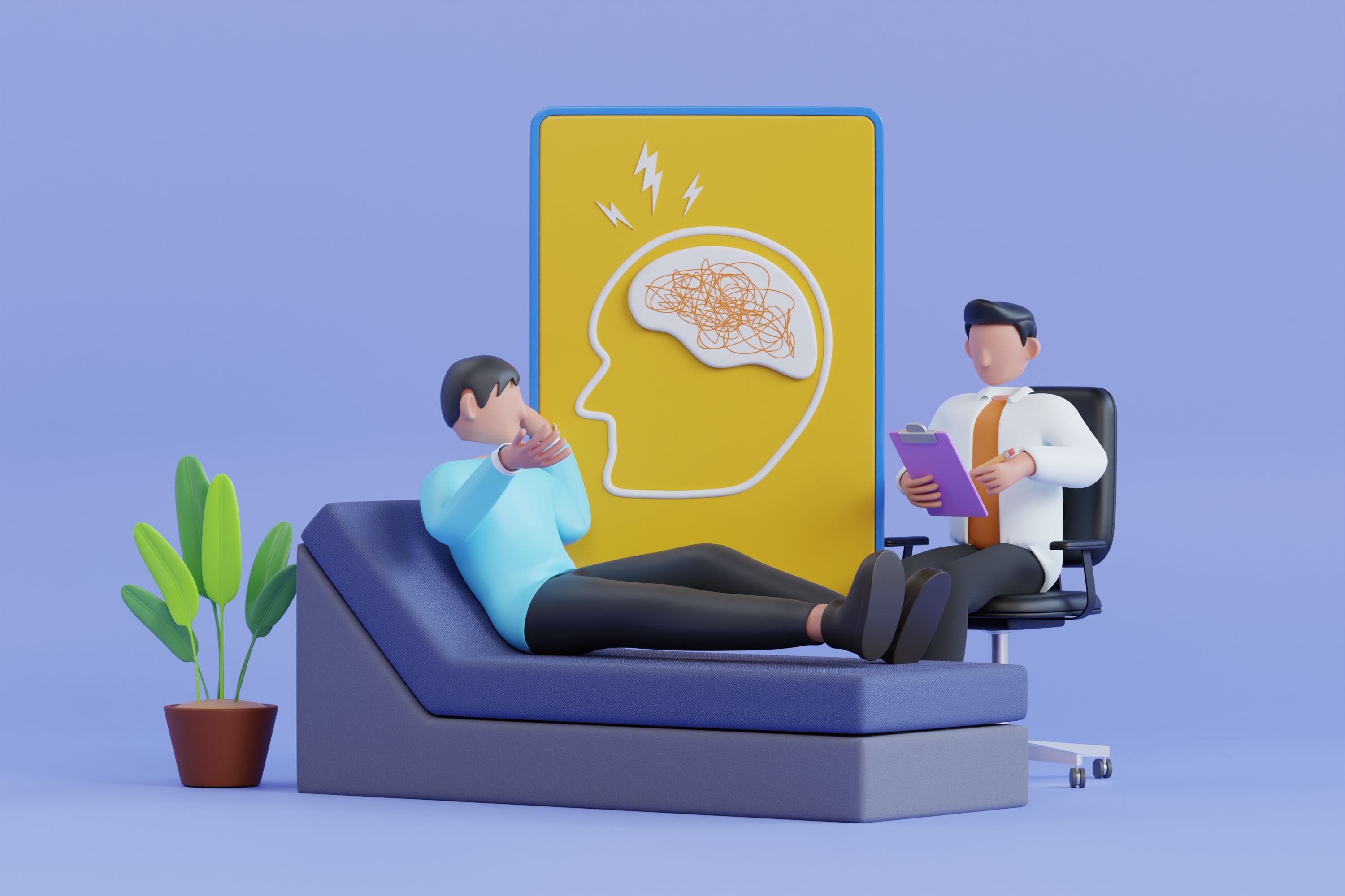 Psychologist service 3d illustration. Psychotherapy practice, psychiatrist consulting patient. Psychotherapist talk and help patient with mental problems