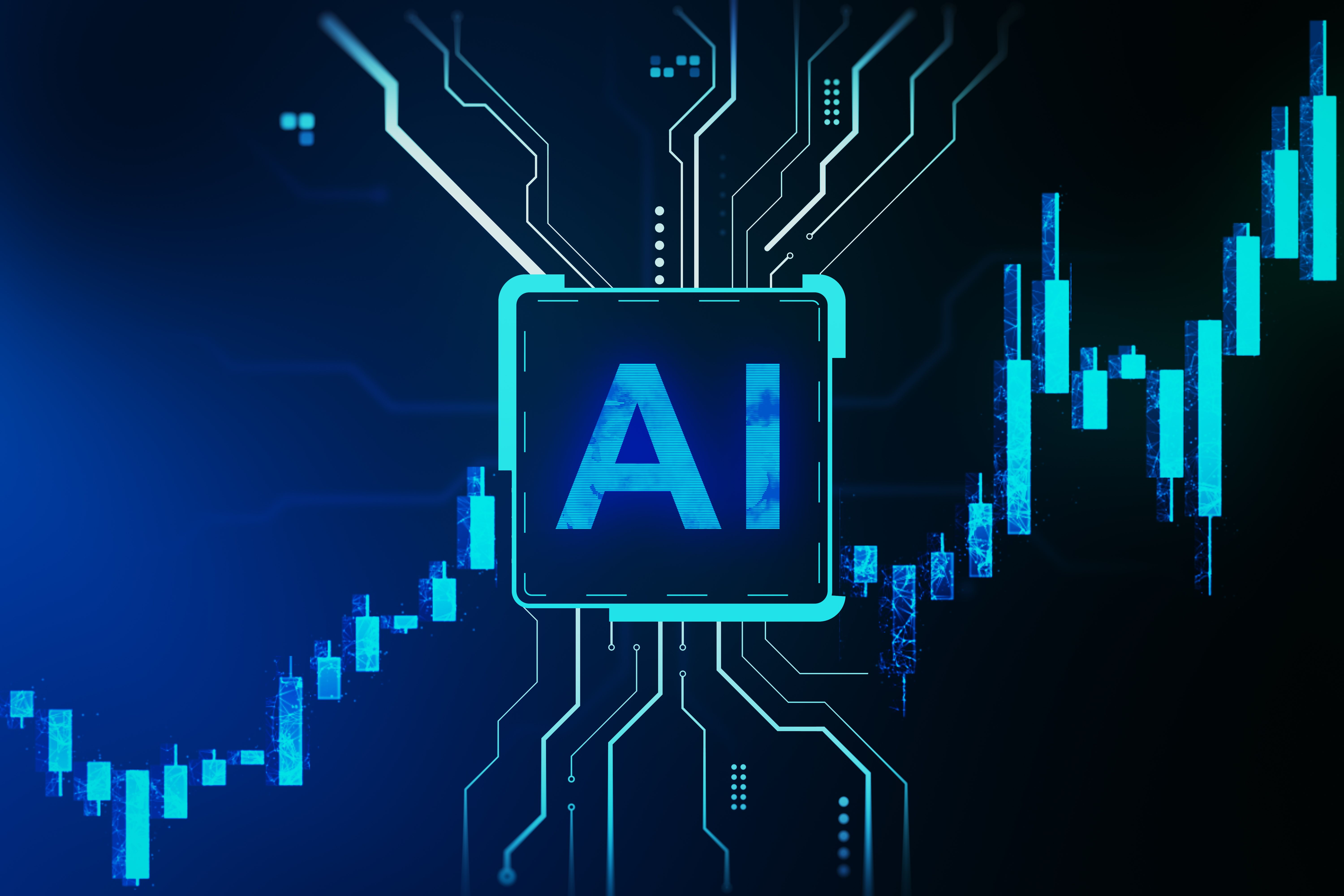 Futuristic AI chip with glowing circuits and stock market candlestick chart on dark background representing financial technology concept. 3D Rendering