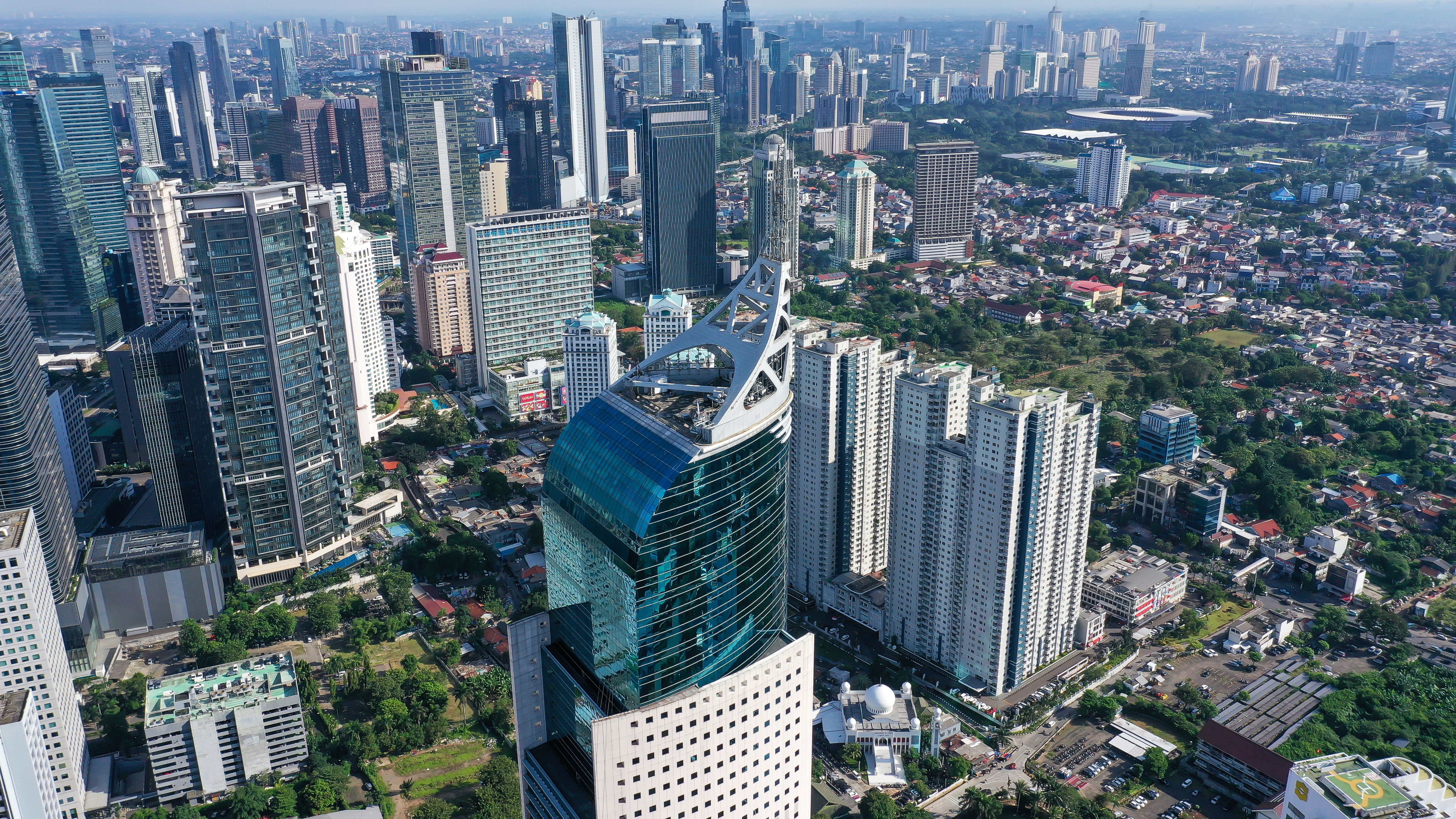 Aerial view of the Sudirman avenue in the heart of Jakarta business district. Jakarta is Indonesia capital city and a major business center in Asia