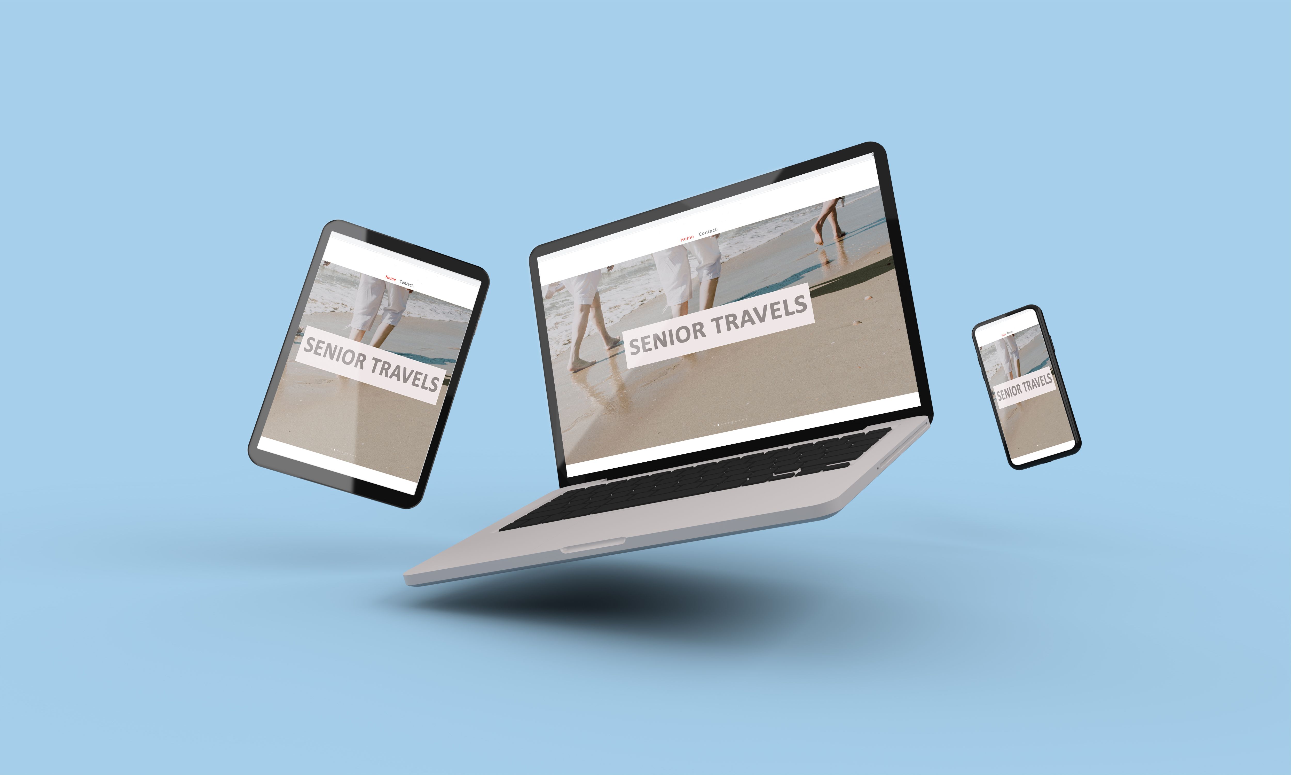 Flying Laptop, mobile and tablet 3d rendering showing travel senior responsive web design .3d illustration