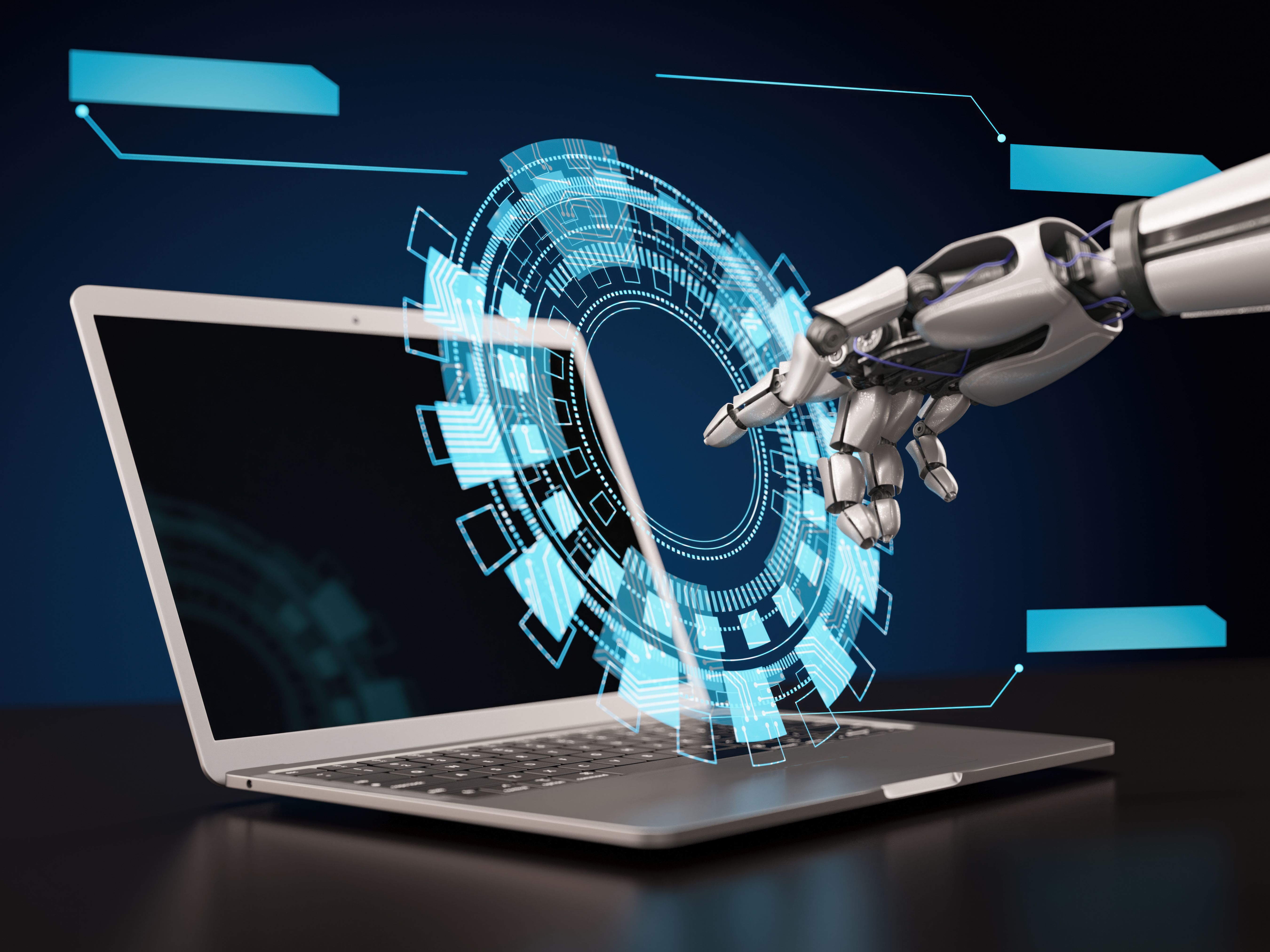 Robotic Hand Touching Virtual Hologram HUD on a Modern Laptop Robotic Hand Touching Virtual Hologram HUD on a Modern Laptop