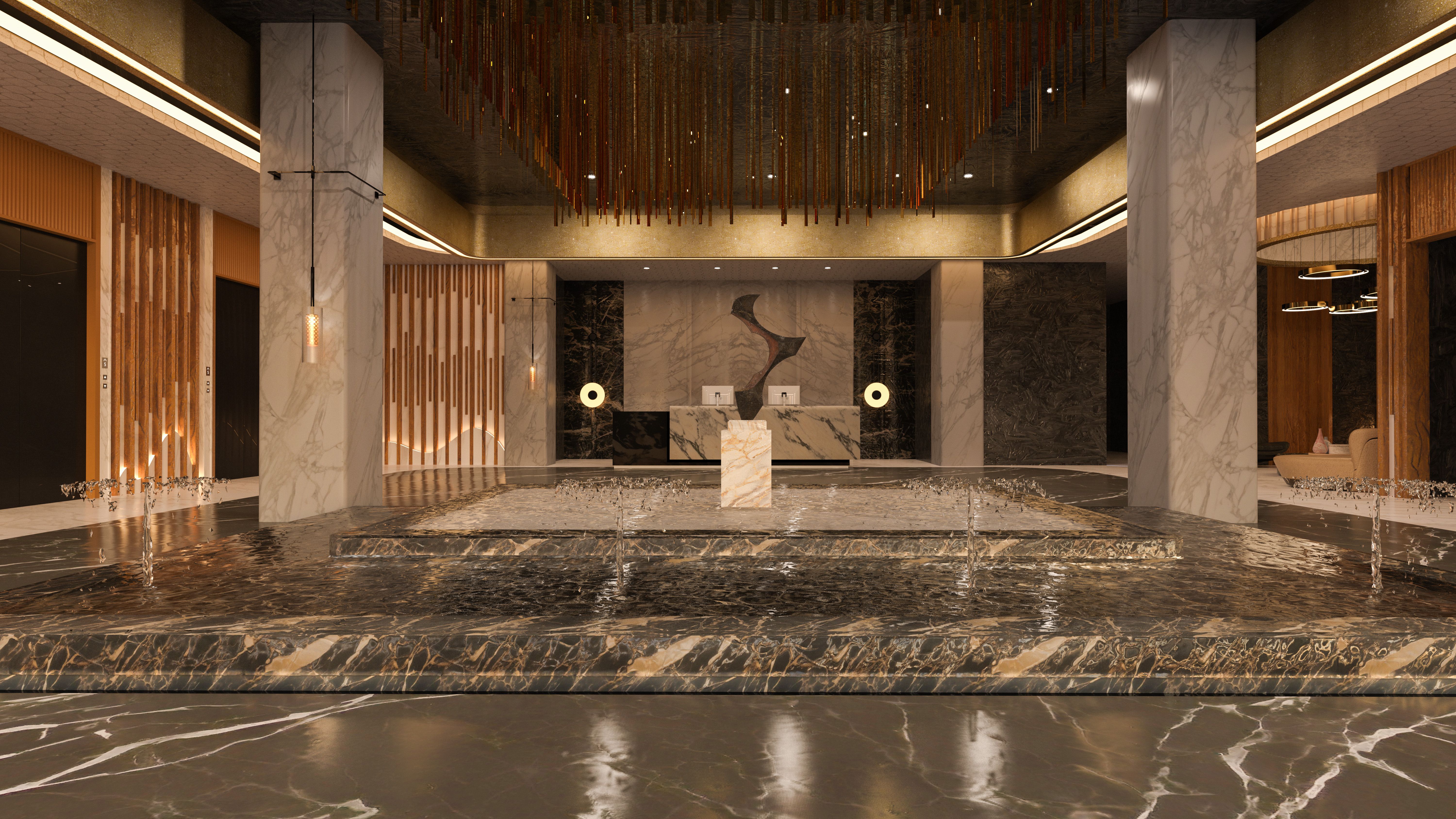 Large lobby in a modern luxury hotel with fountain and pool in front of reception. 3D render.