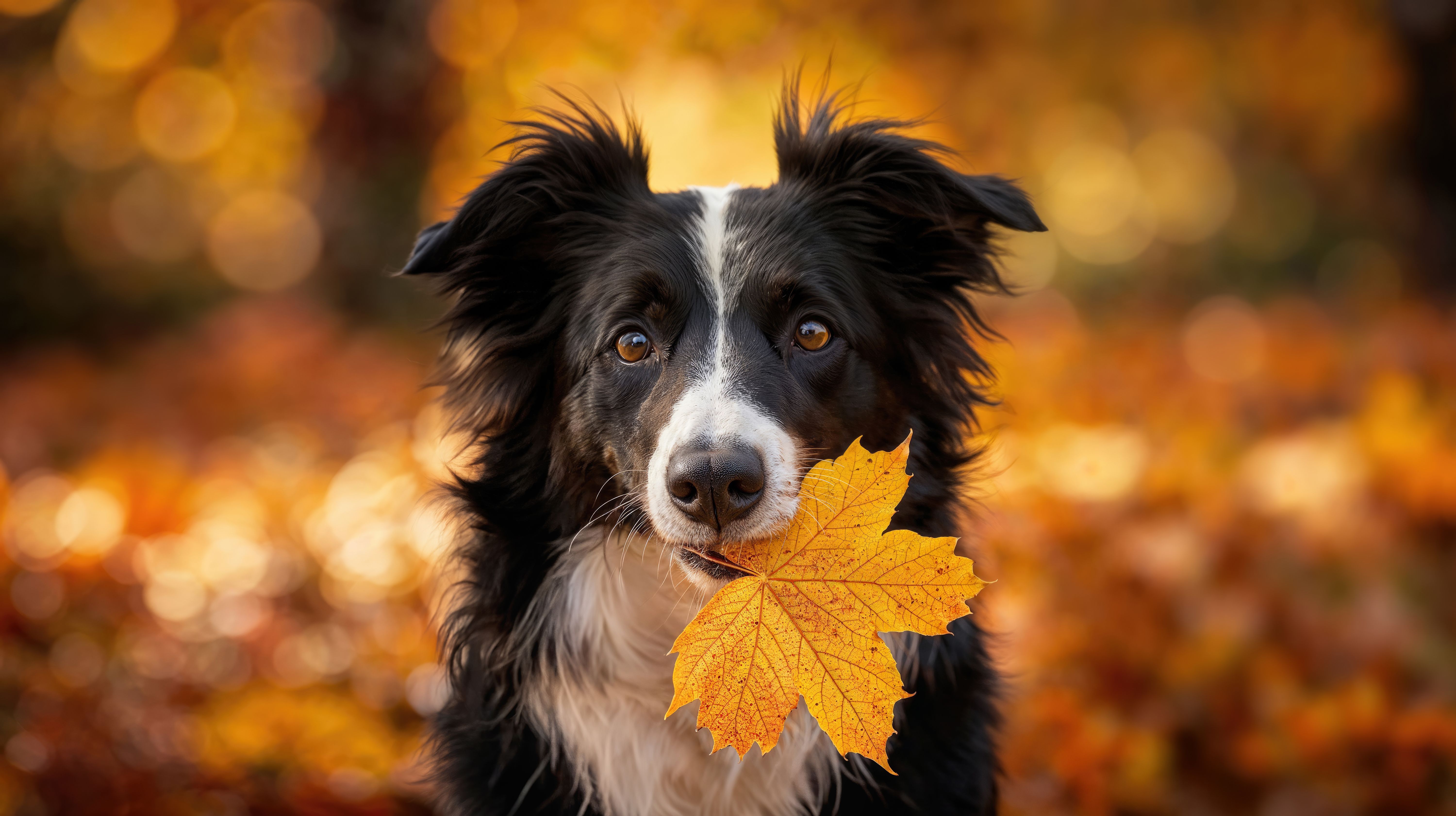 Border Collie Holding a Golden Maple Leaf in Autumn Splendor Border Collie Holding a Golden Maple Leaf in Autumn Splendor